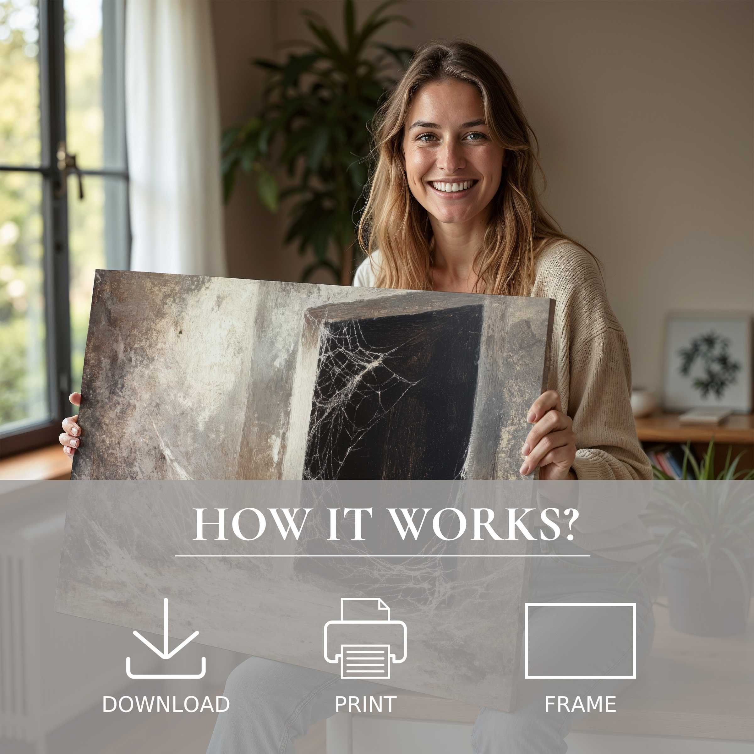 A serene moment of joy as a woman embraces the transformative charm of a halloween digital art print in her stylish home