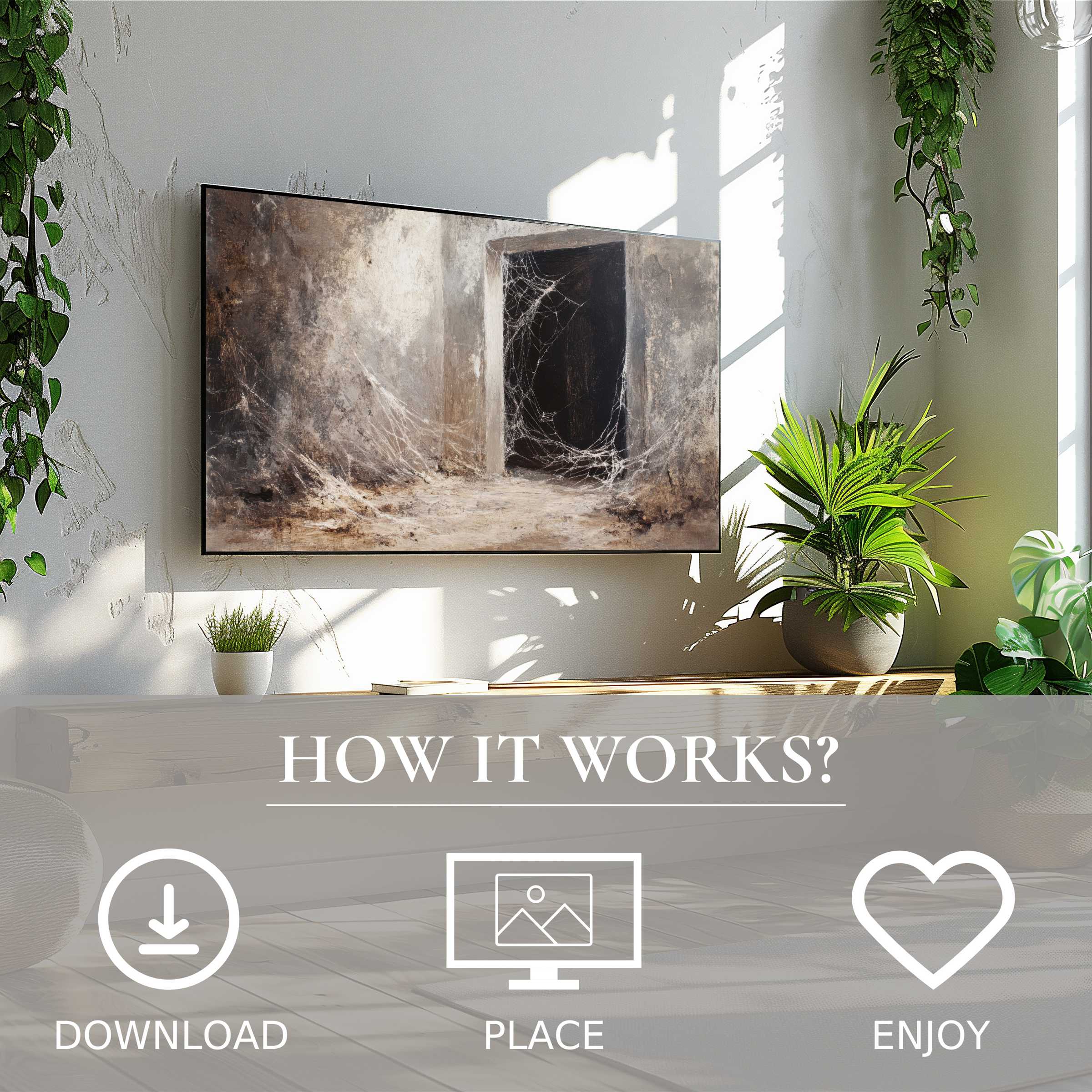 Modern living space with easy digital download; halloween art for Samsung TV shows eerie cobweb motif enriching ambiance