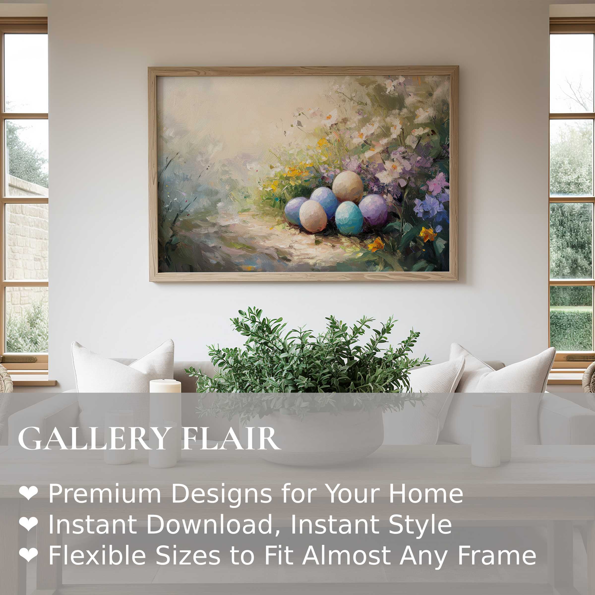 Easter wall art print with soft pastel eggs and blooming florals, enhancing modern minimalist interiors with tranquil, nature-inspired elegance