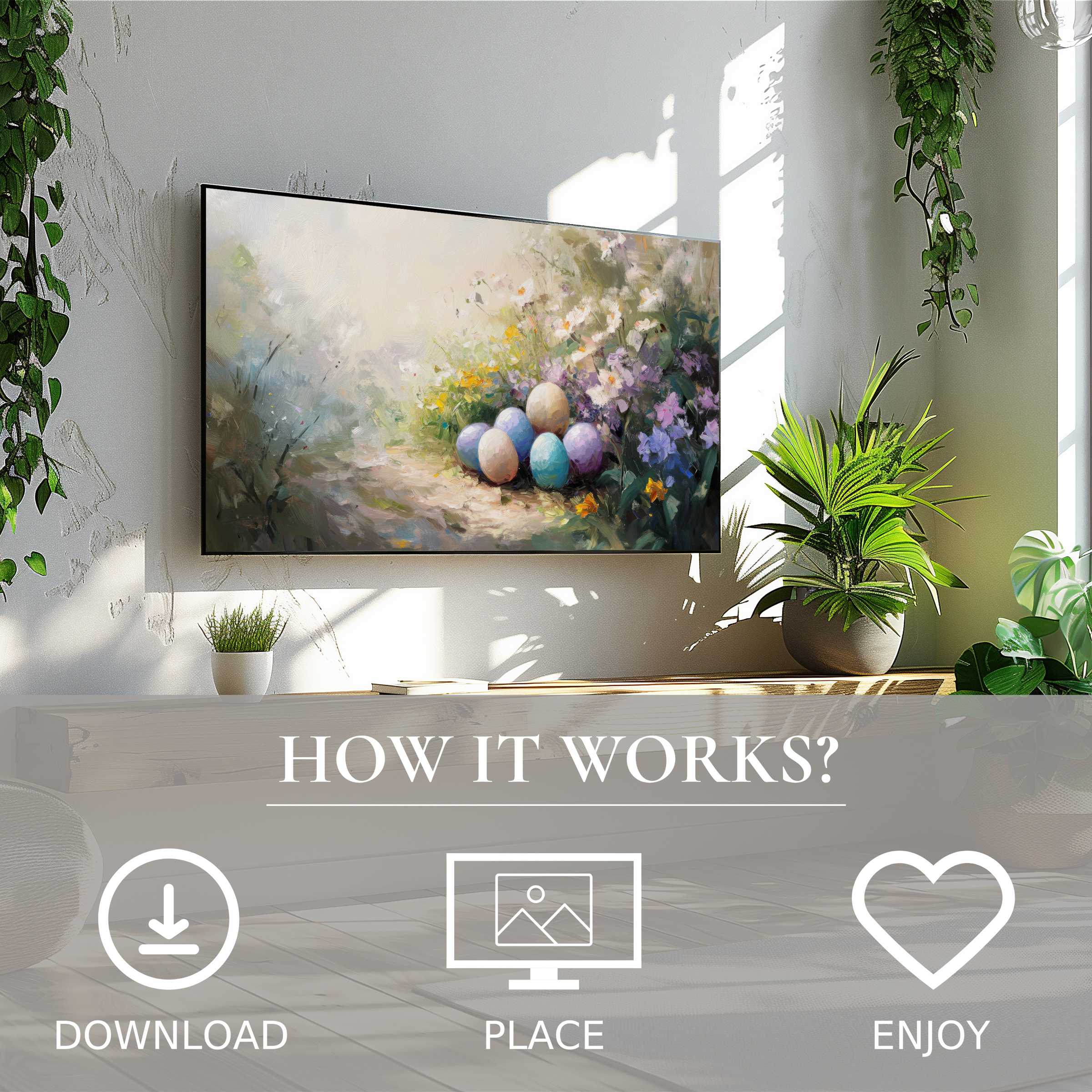 Modern living room with easter art for Samsung TV, soft spring tones, easy digital download, enhances decor space