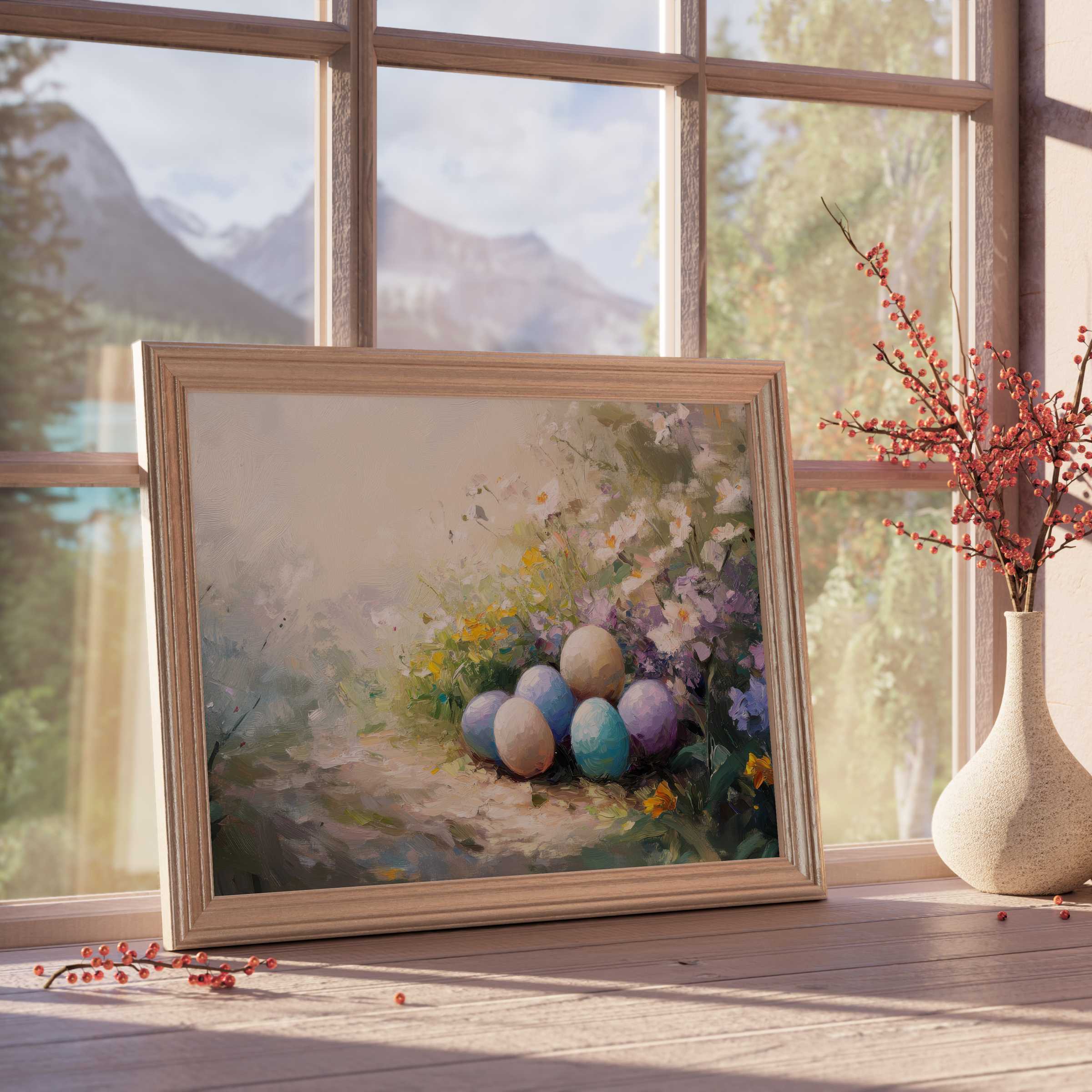 Easter downloadable art capturing serene pastel eggs nestled in blooming florals, perfect for tranquil, curated interiors