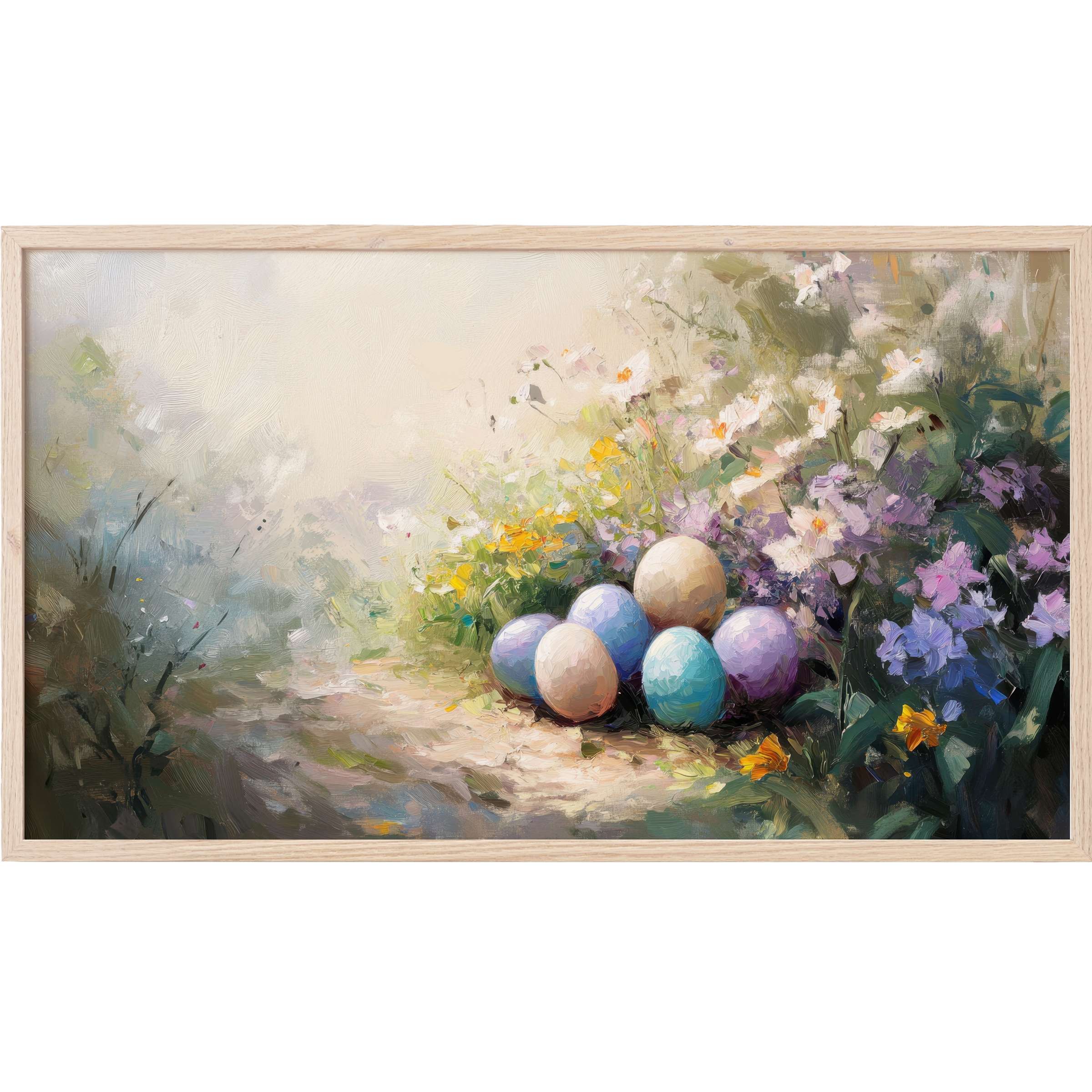 easter Frame TV Art with soft pastel eggs nestled among impressionistic blooms in a serene, textured garden scene