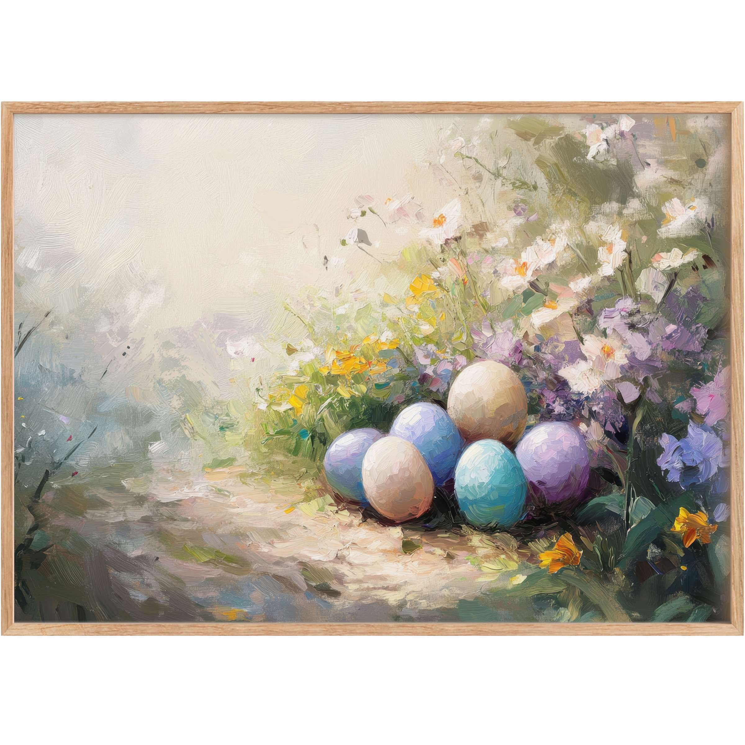 Easter printable wall art with pastel eggs and blooming florals, evoking a serene, radiant, and elegant springtime ambiance