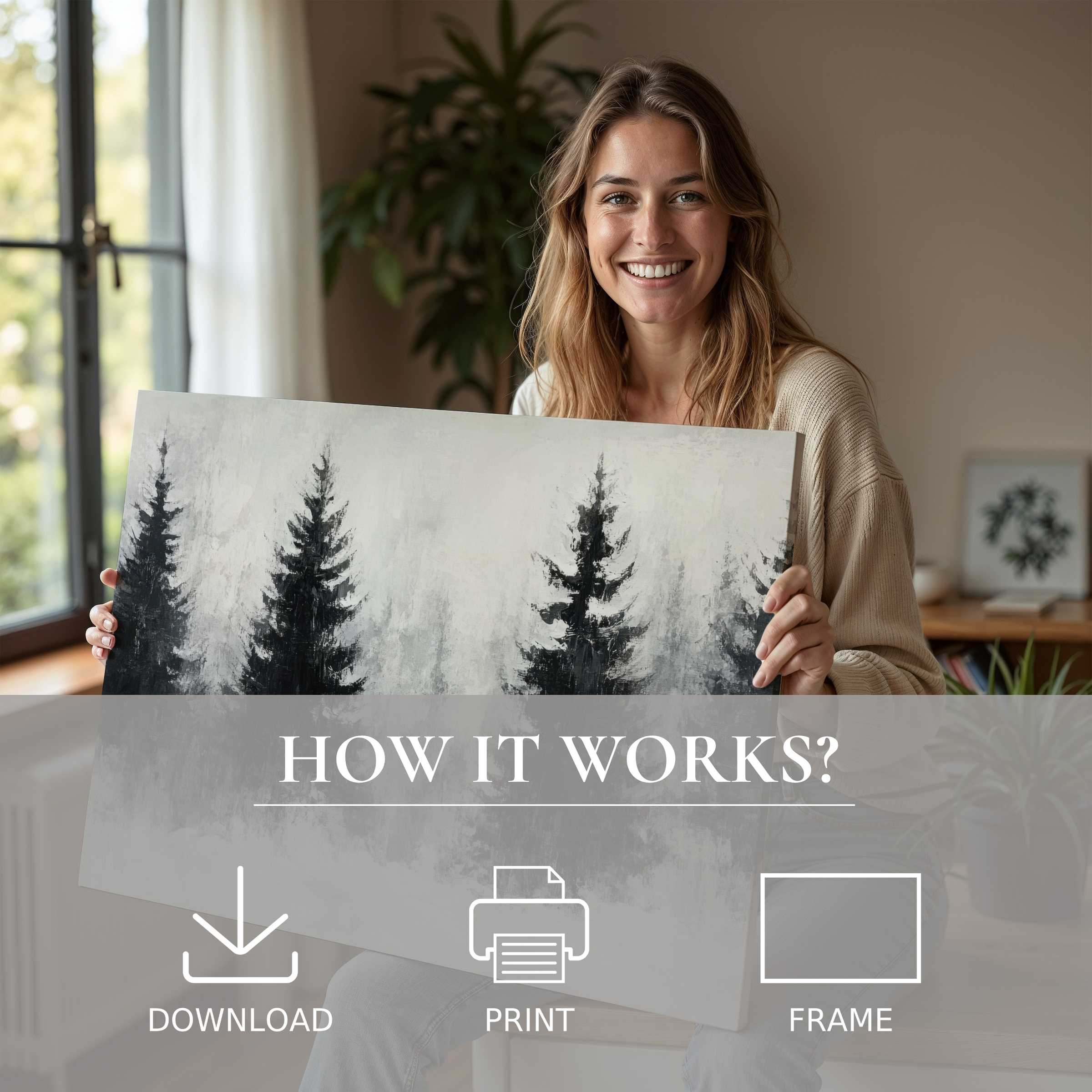 A serene moment of joy as a woman embraces a monochrome tree digital art print, elevating modern home ambiance with effortless elegance