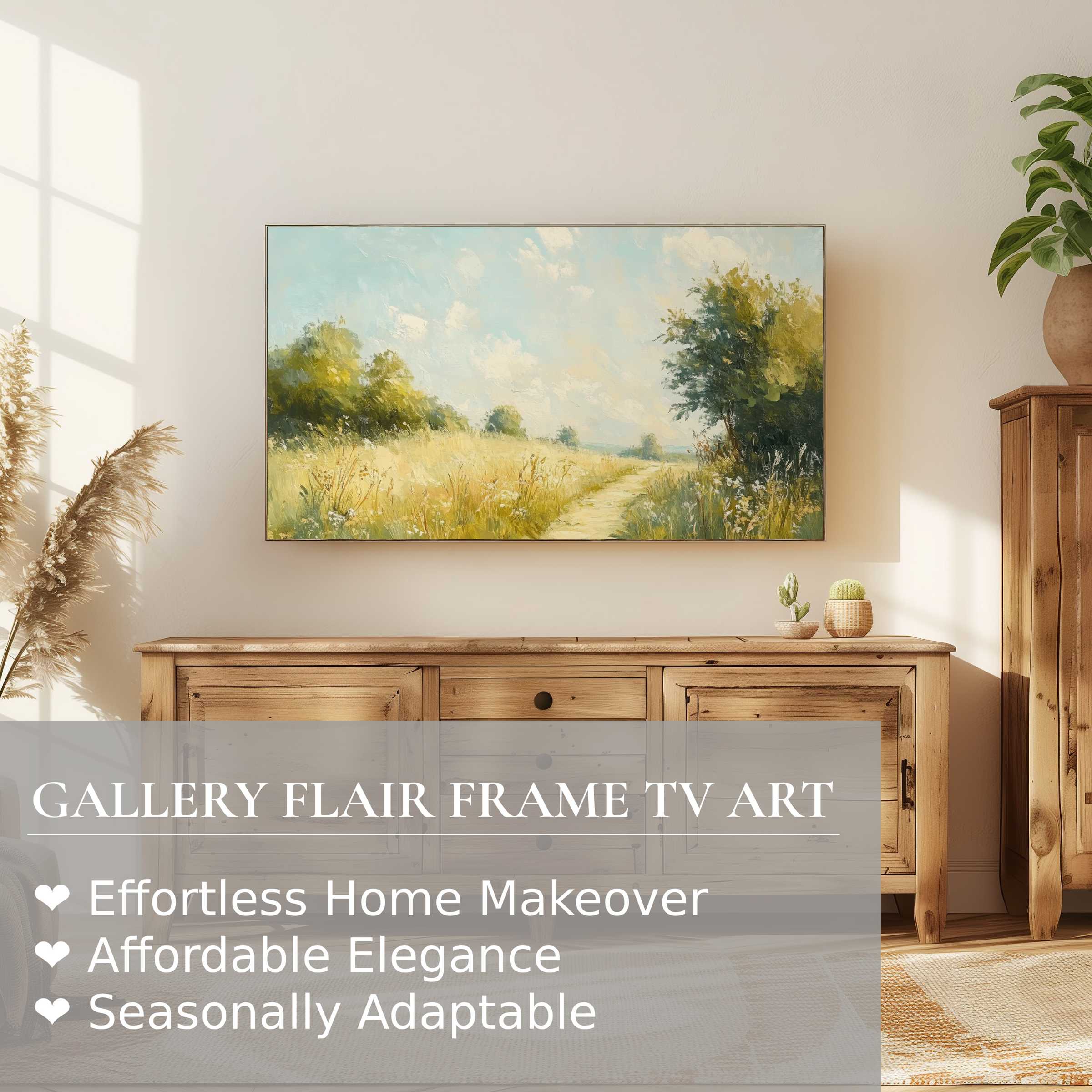 Samsung Frame TV displaying summer digital artwork, soft impressionist landscape in a warm, refined living space