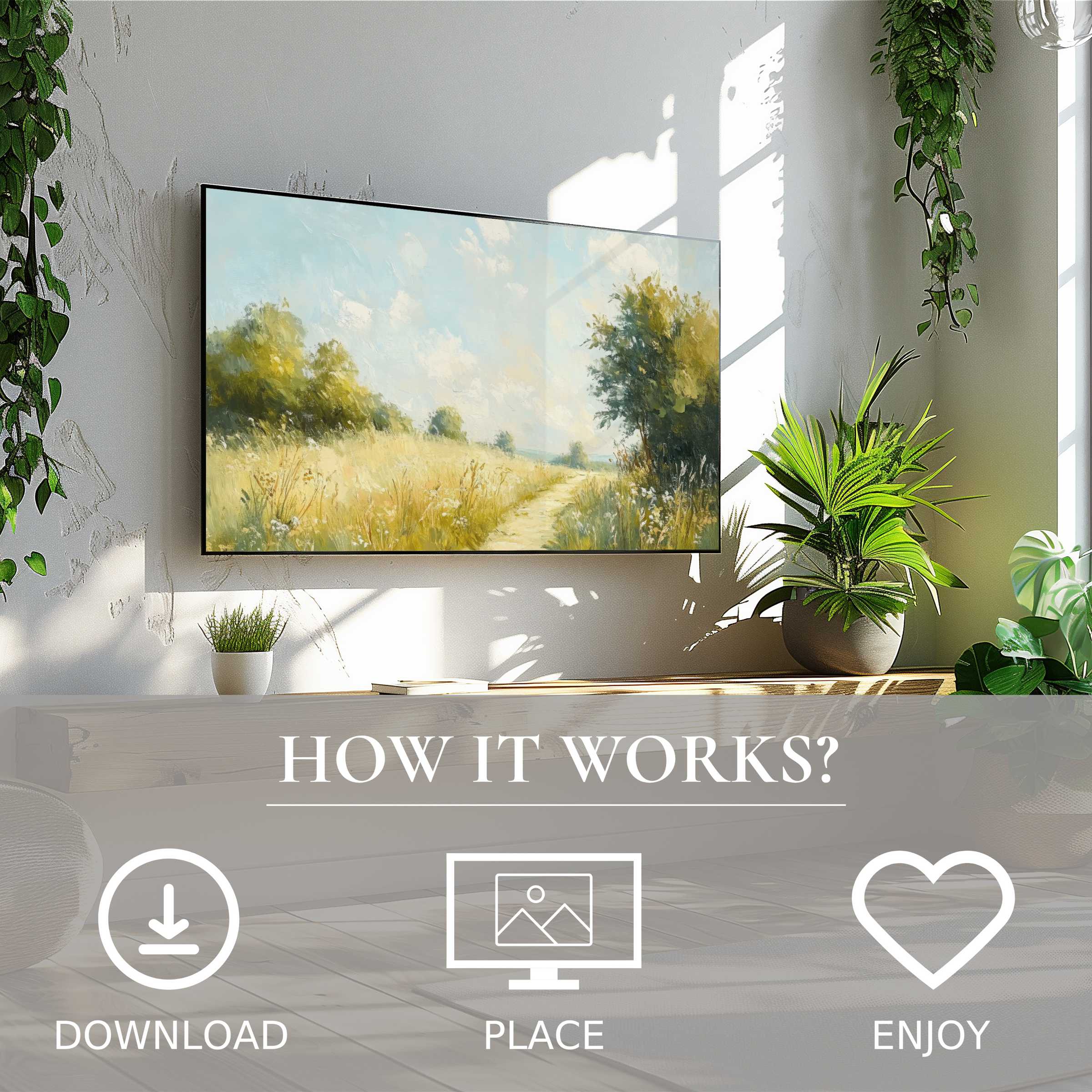 Summer art for Samsung TV showing soft sunset tones on a field, easy digital download enriching modern living spaces