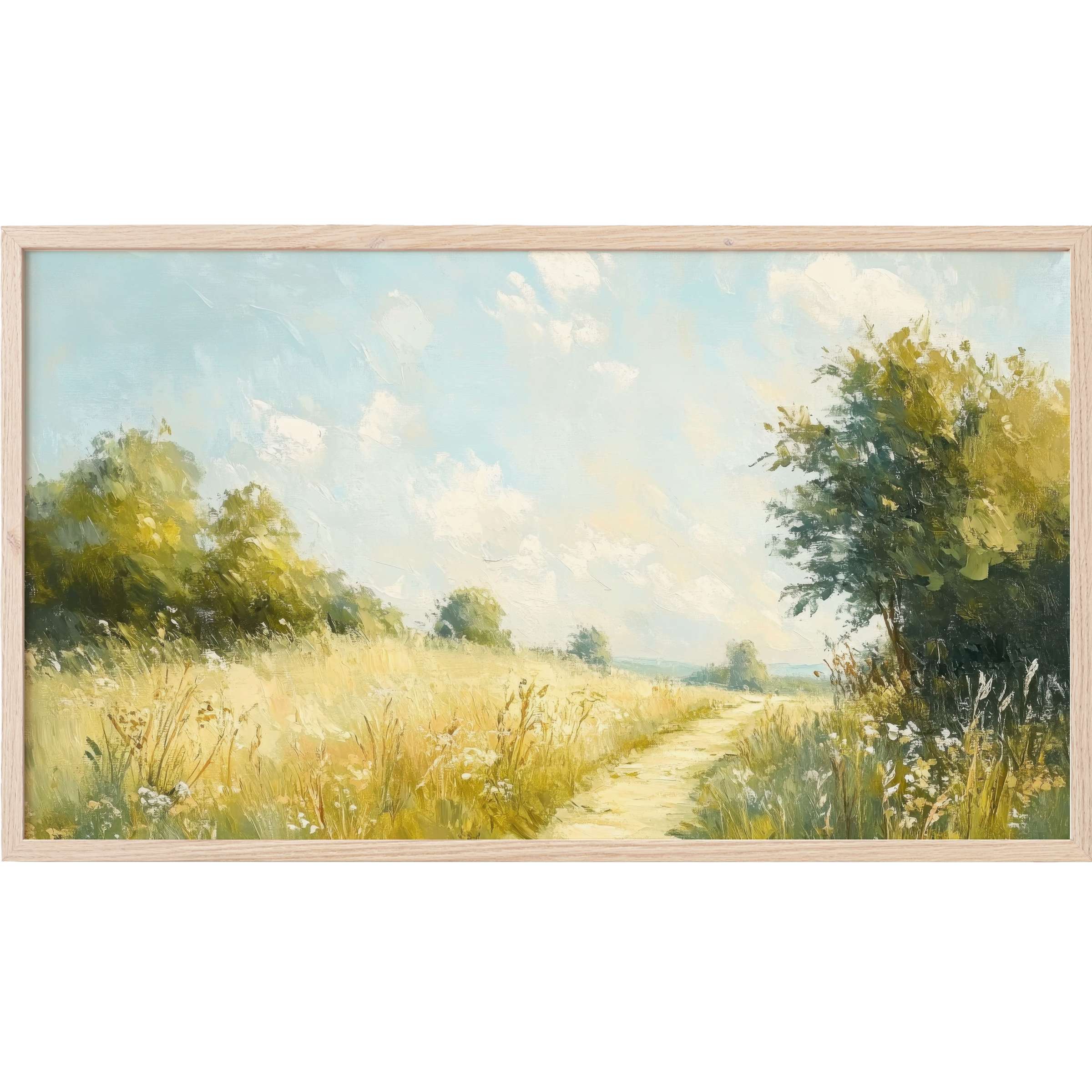 Serene summer landscape with soft yellows and greens, airy sky, perfect summer Frame TV Art for elegant homes