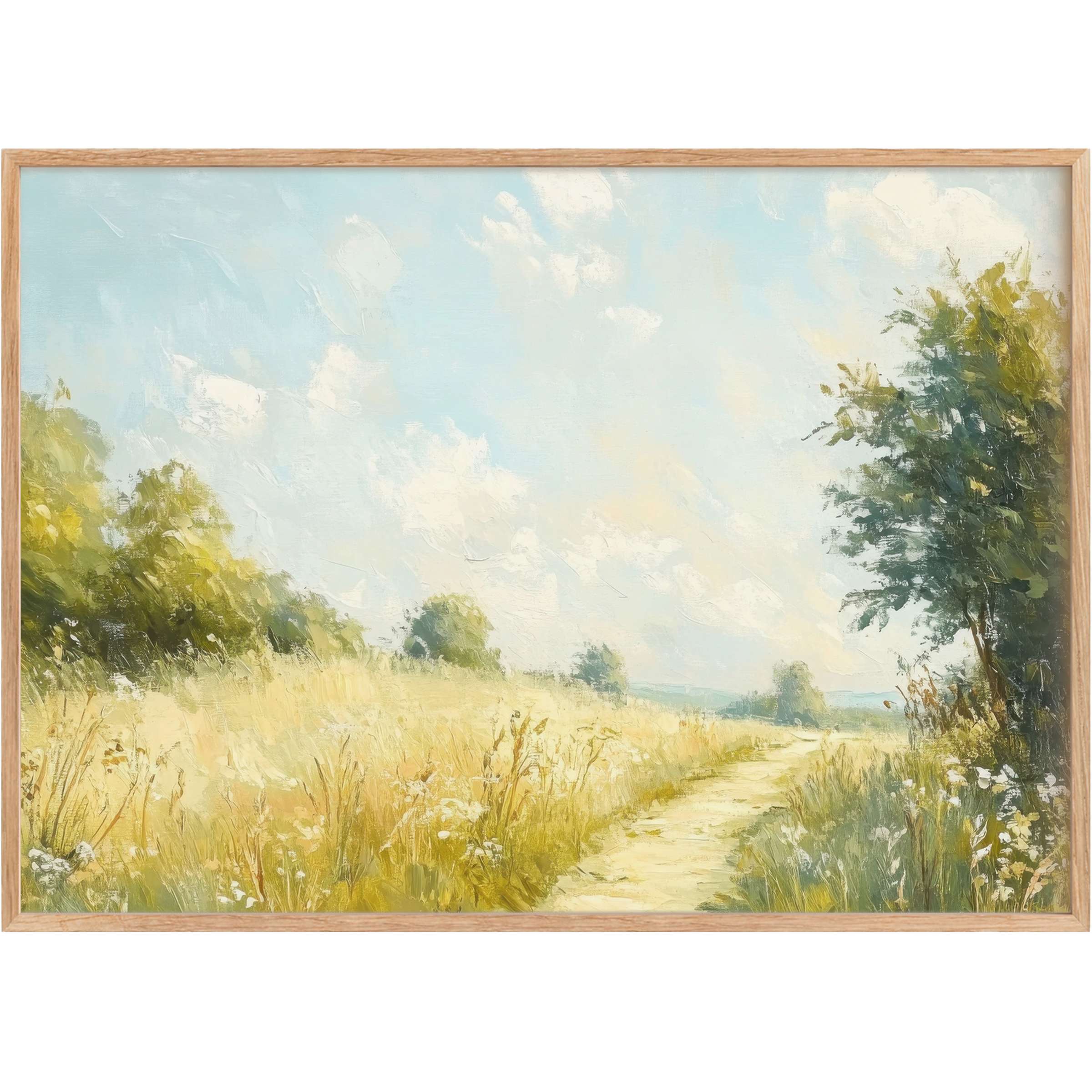 Sunlit country path with golden grasses and vibrant greenery, creating a radiant, serene mood for stylish summer printable wall art