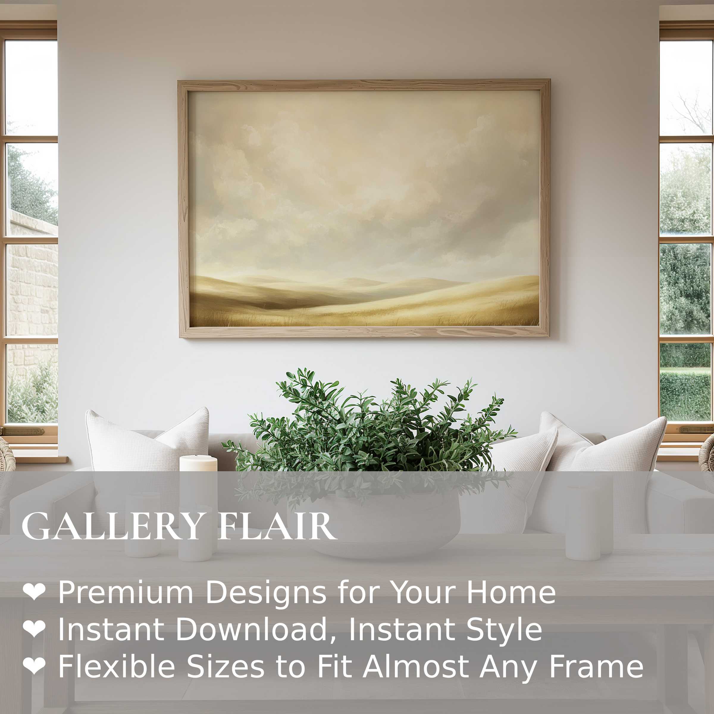 Farmhouse wall art print capturing serene rolling fields under soft clouds, enriching modern rustic interiors with calming warmth