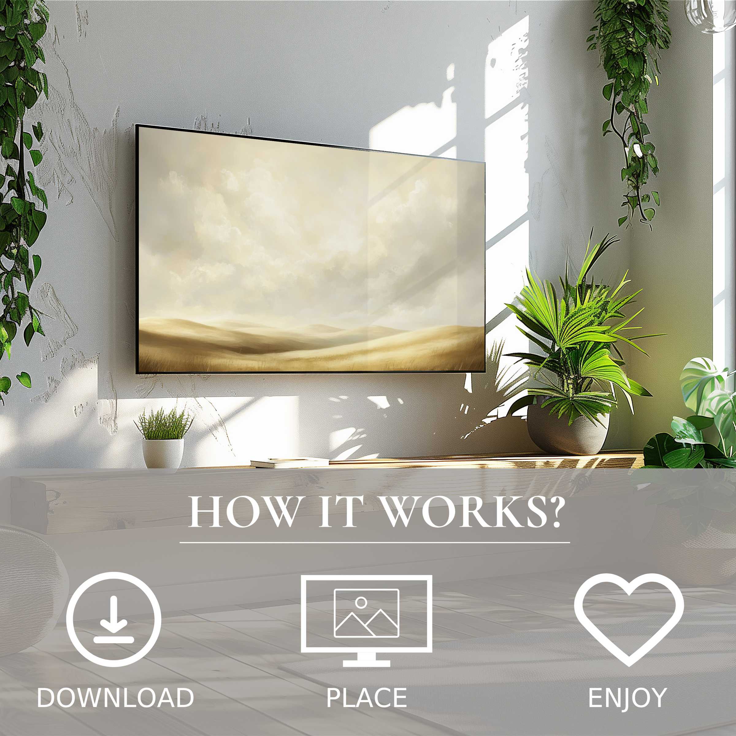 Modern living room with farmhouse art for Samsung TV, soft sunset tones, easy digital download, enriching décor