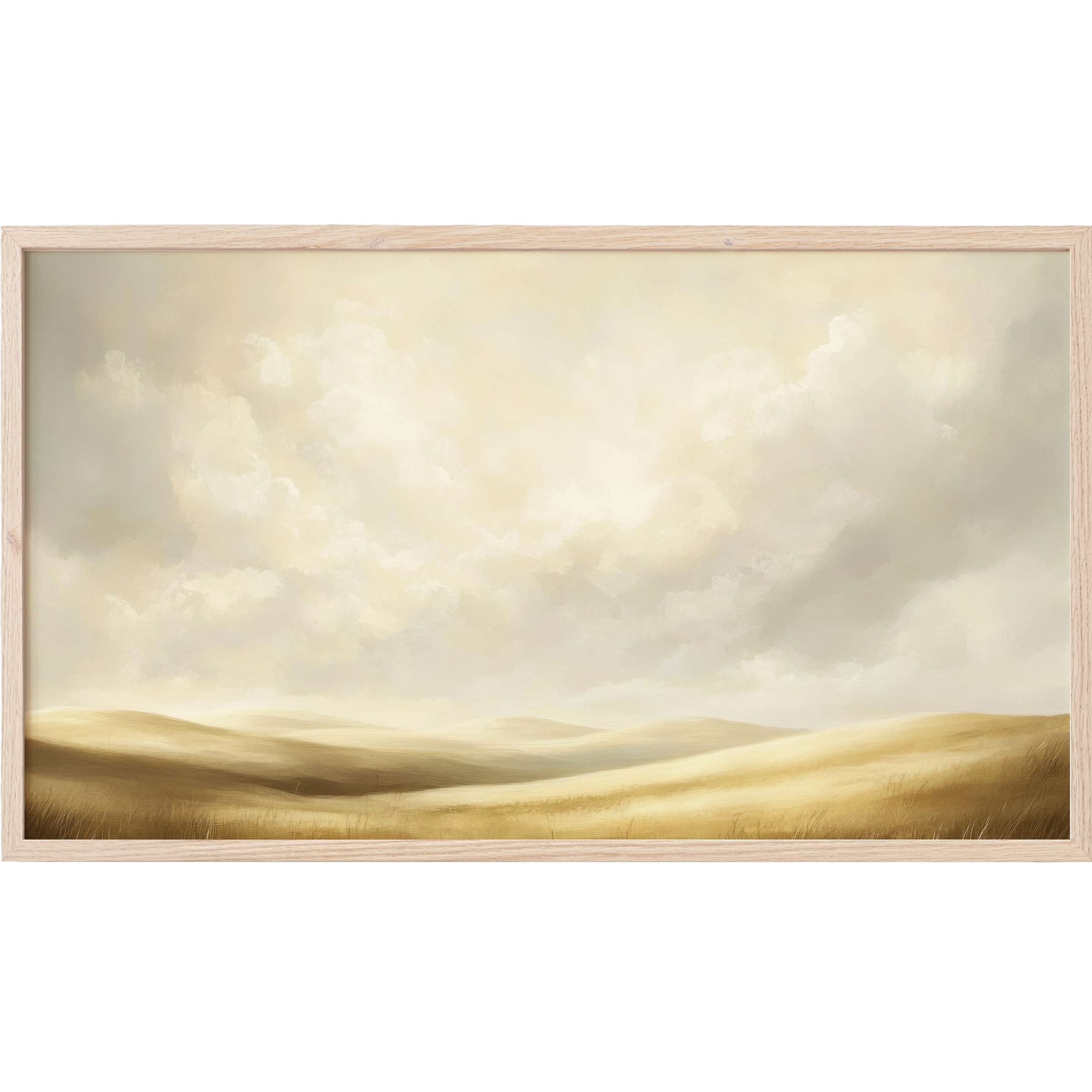 Farmhouse Frame TV Art featuring soft golden hills beneath delicate, airy clouds in a serene, modern landscape