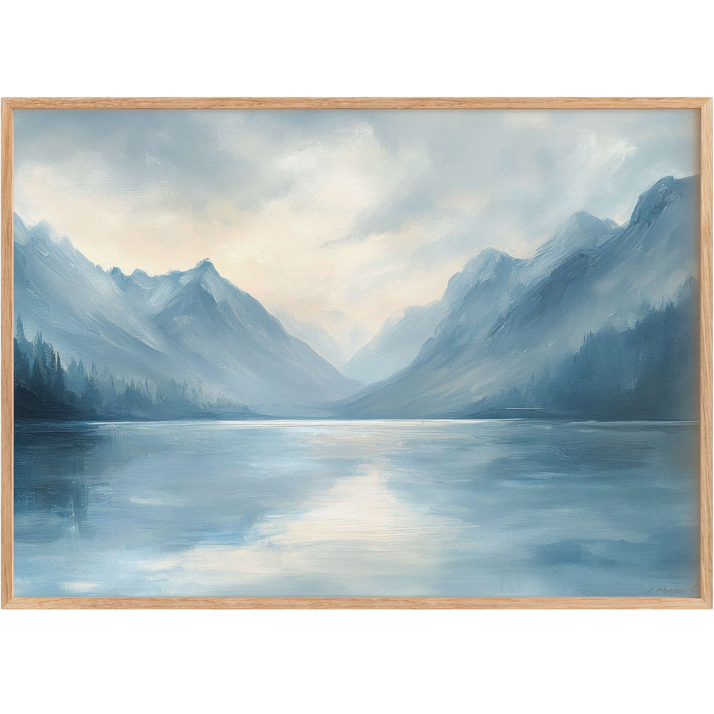 Serene landscape printable wall art in soft blues and grays, evoking calm tranquility and elevating elegant interiors with timeless grace
