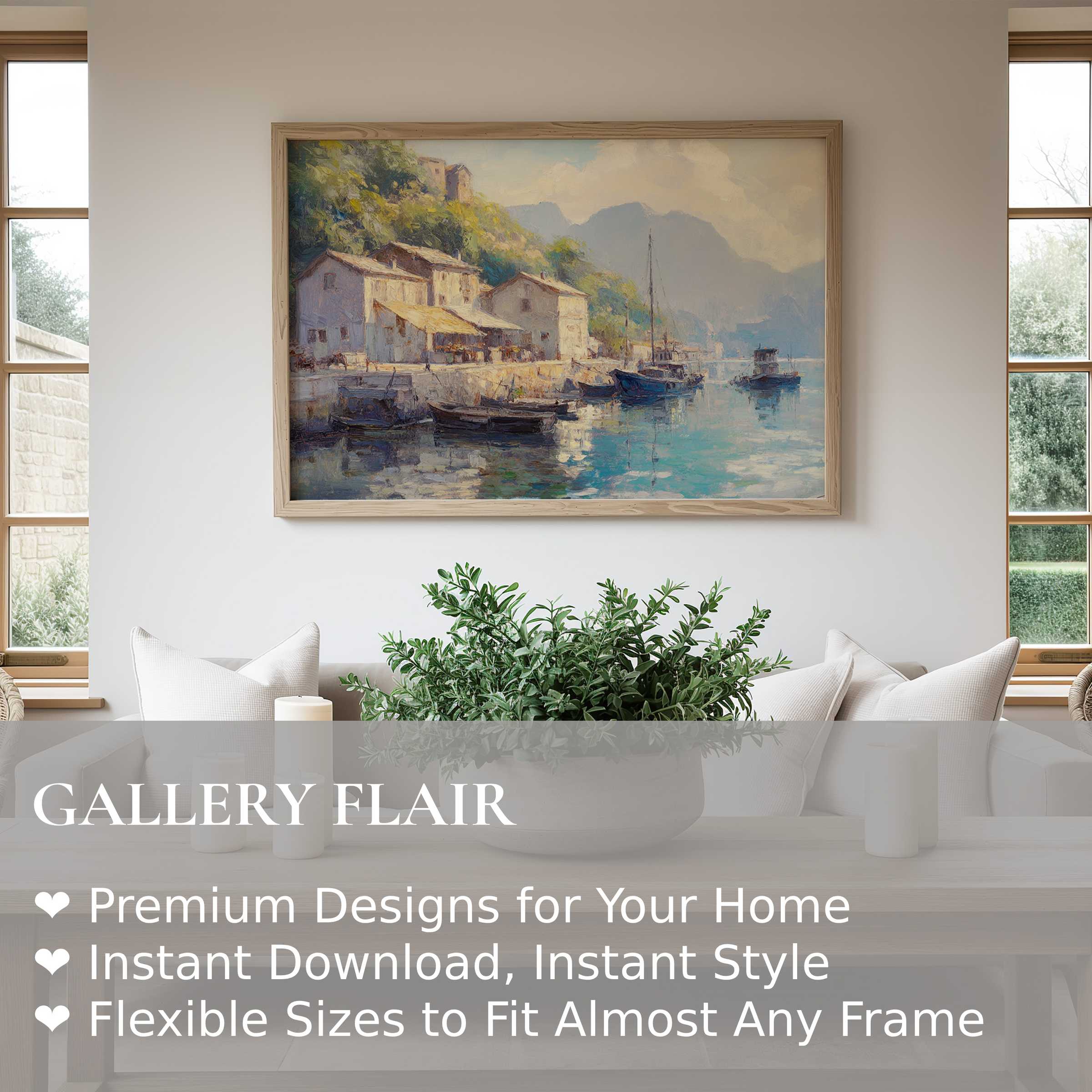 Vintage wall art print of a serene coastal village scene, radiating calming blues and soft neutrals in a modern minimalist living space
