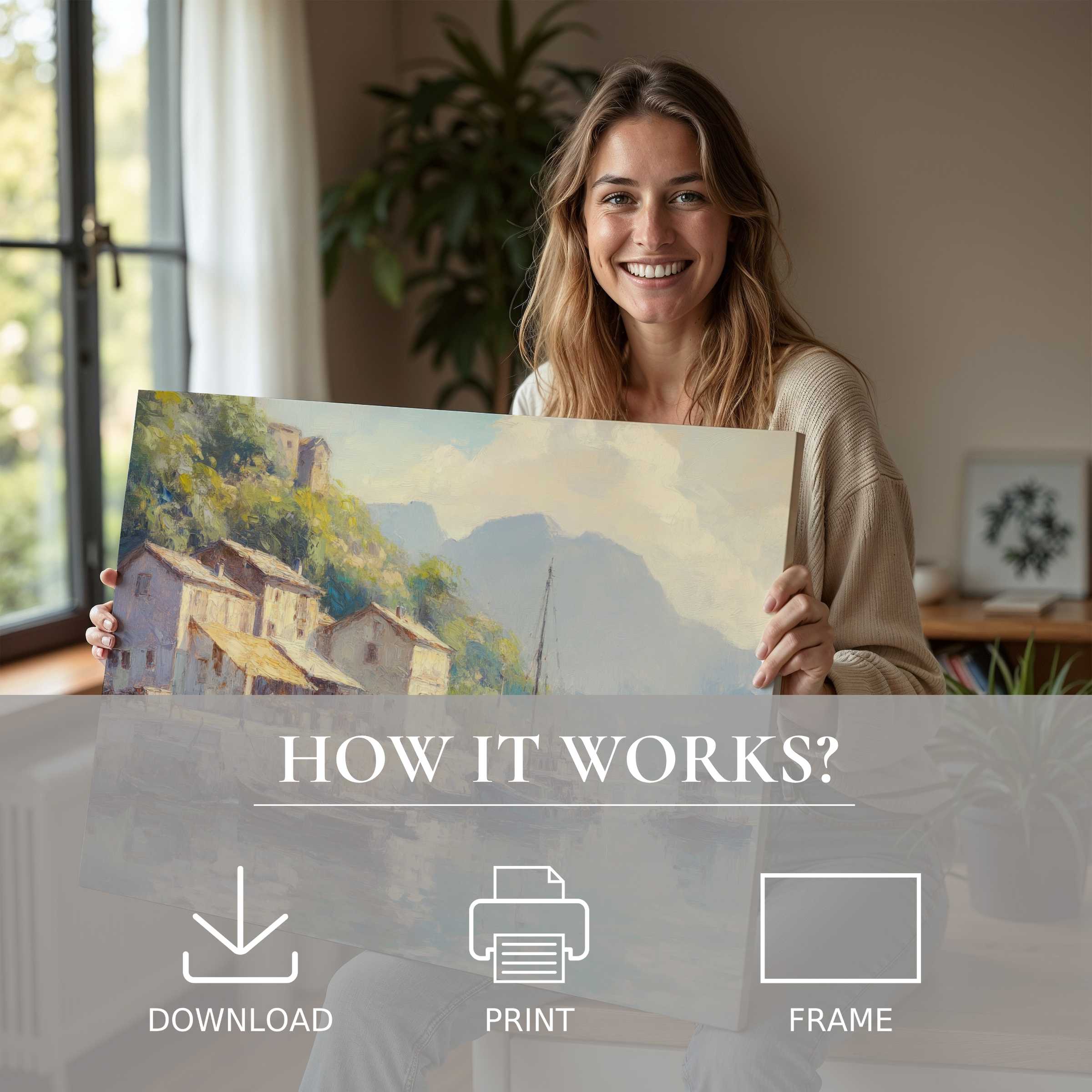 Radiant with joy, a woman embraces a vintage digital art print in soft, sunlit tones, enriching her stylish home with timeless beauty