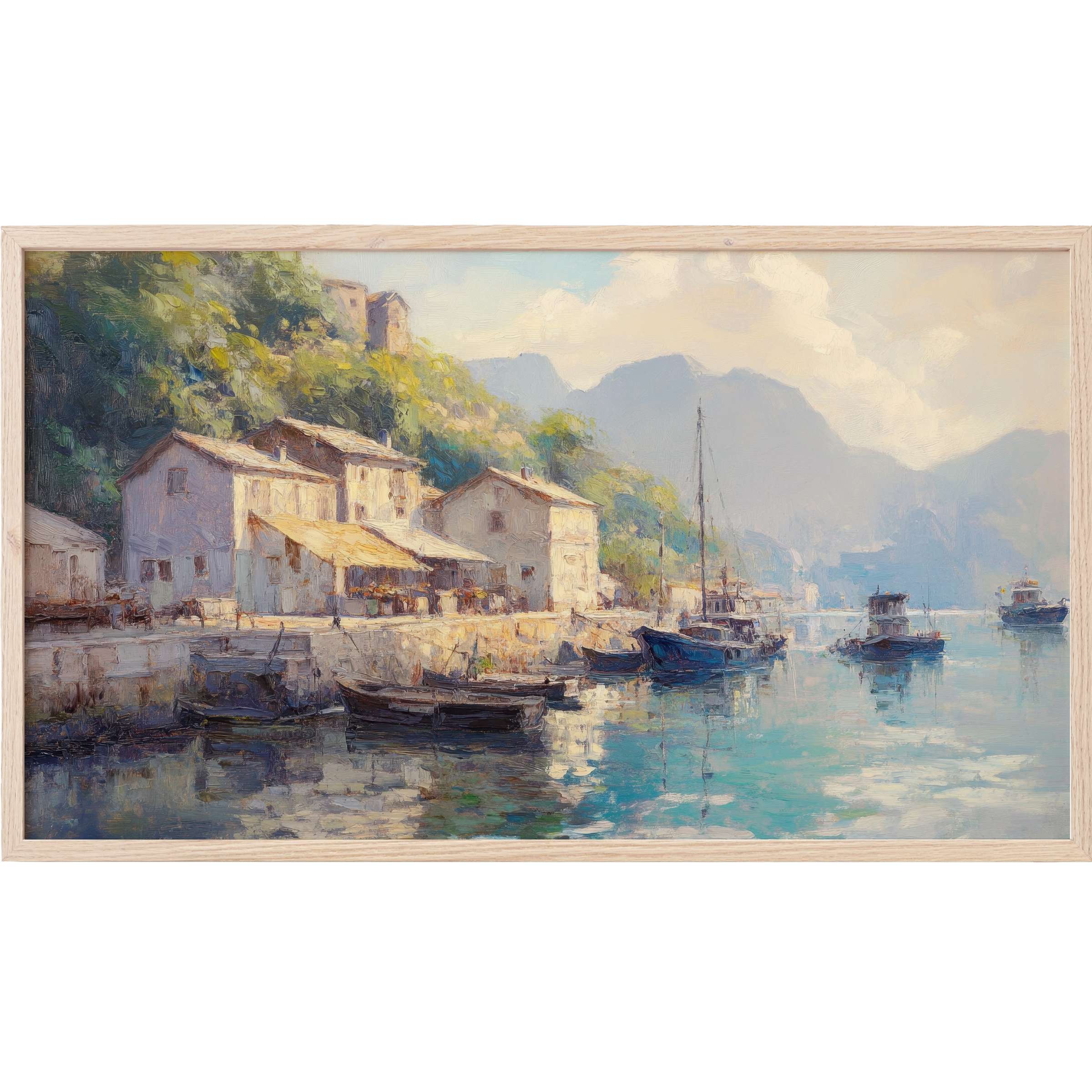 Vintage Frame TV Art: serene harbor scene with pastel blues, soft greens, and warm neutrals in impressionist style