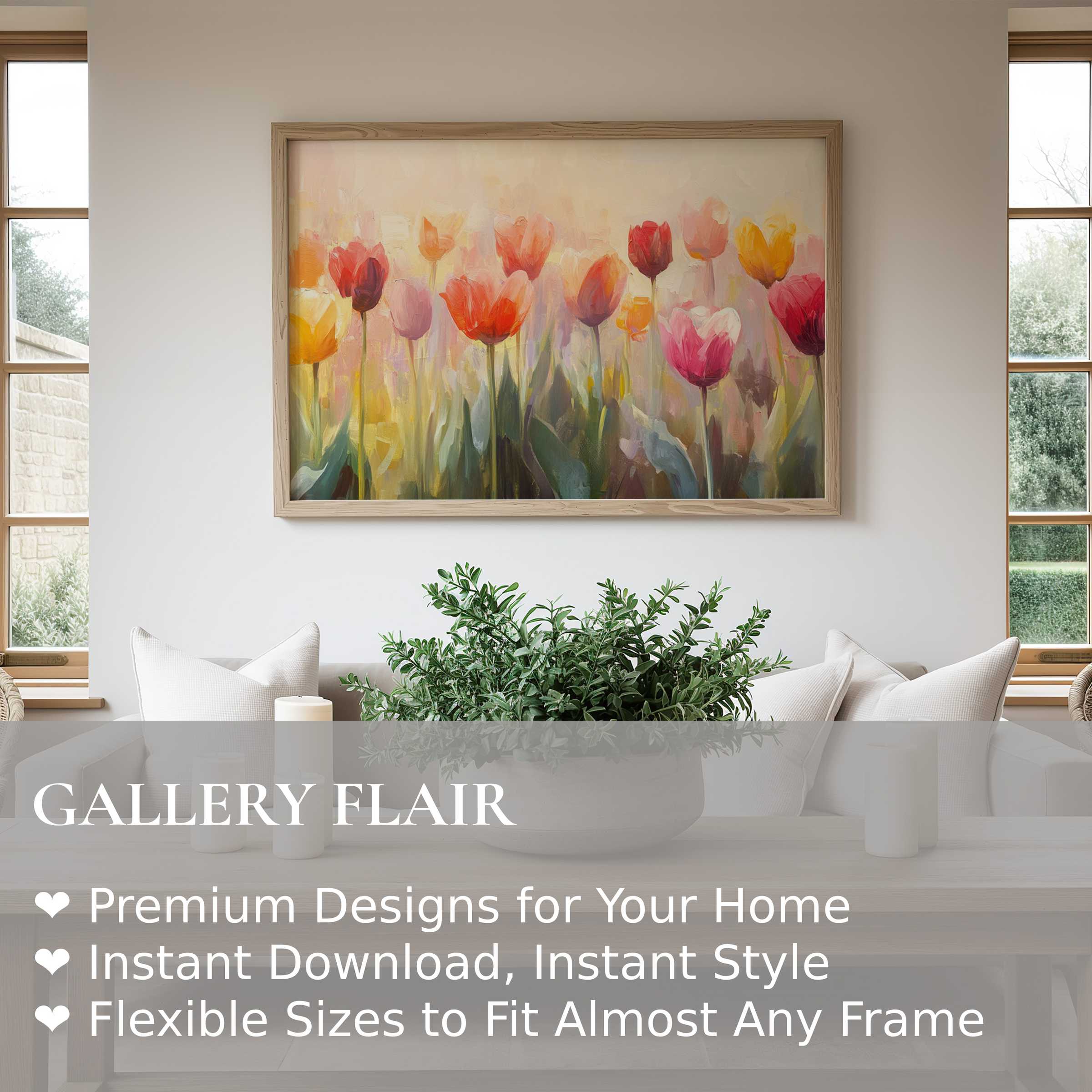 Botanical wall art print showcasing vibrant tulips in soft, radiant hues, enhancing serene, modern living spaces with calming elegance