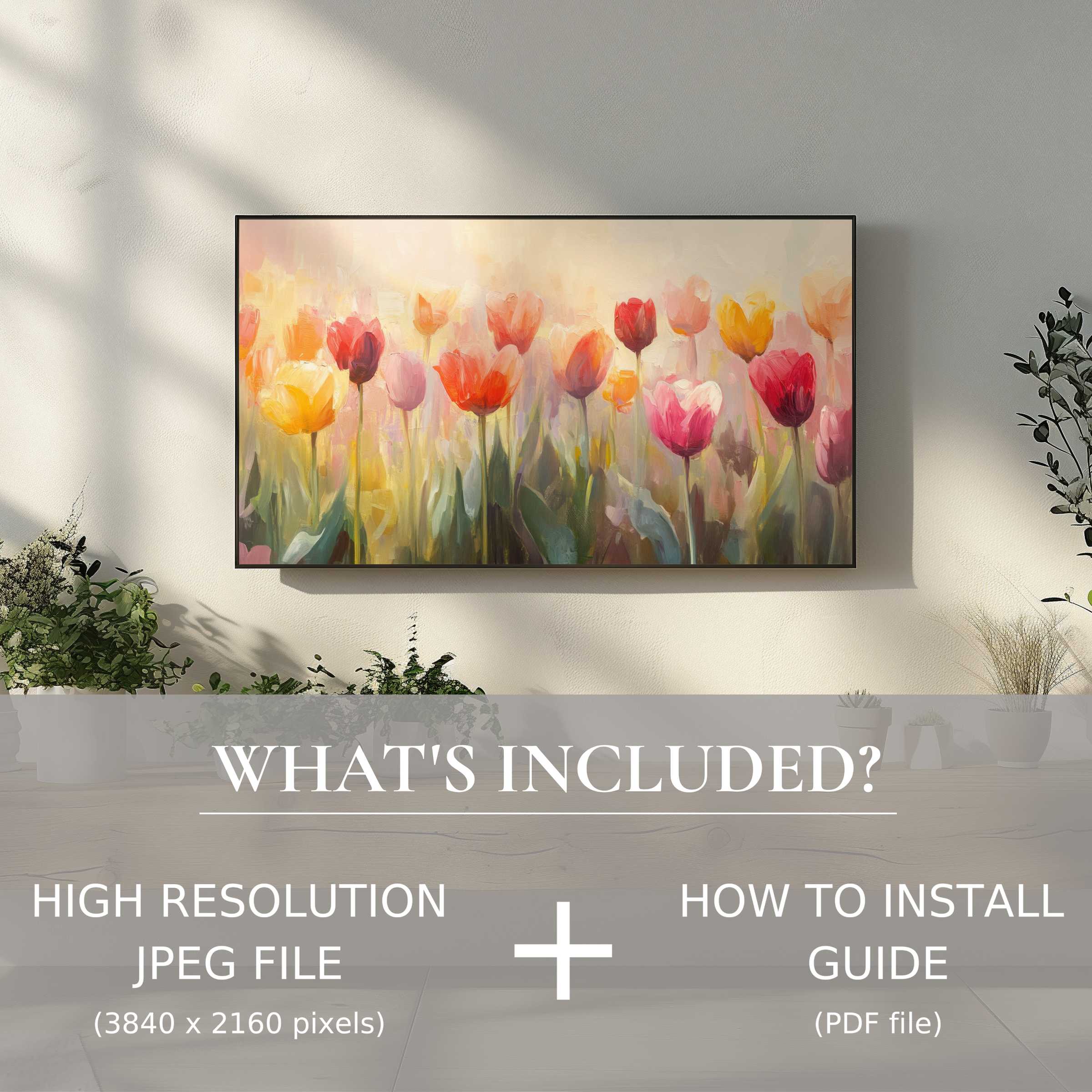 Elegant living room with botanical digital TV art download, easy to use and enhancing modern spaces beautifully