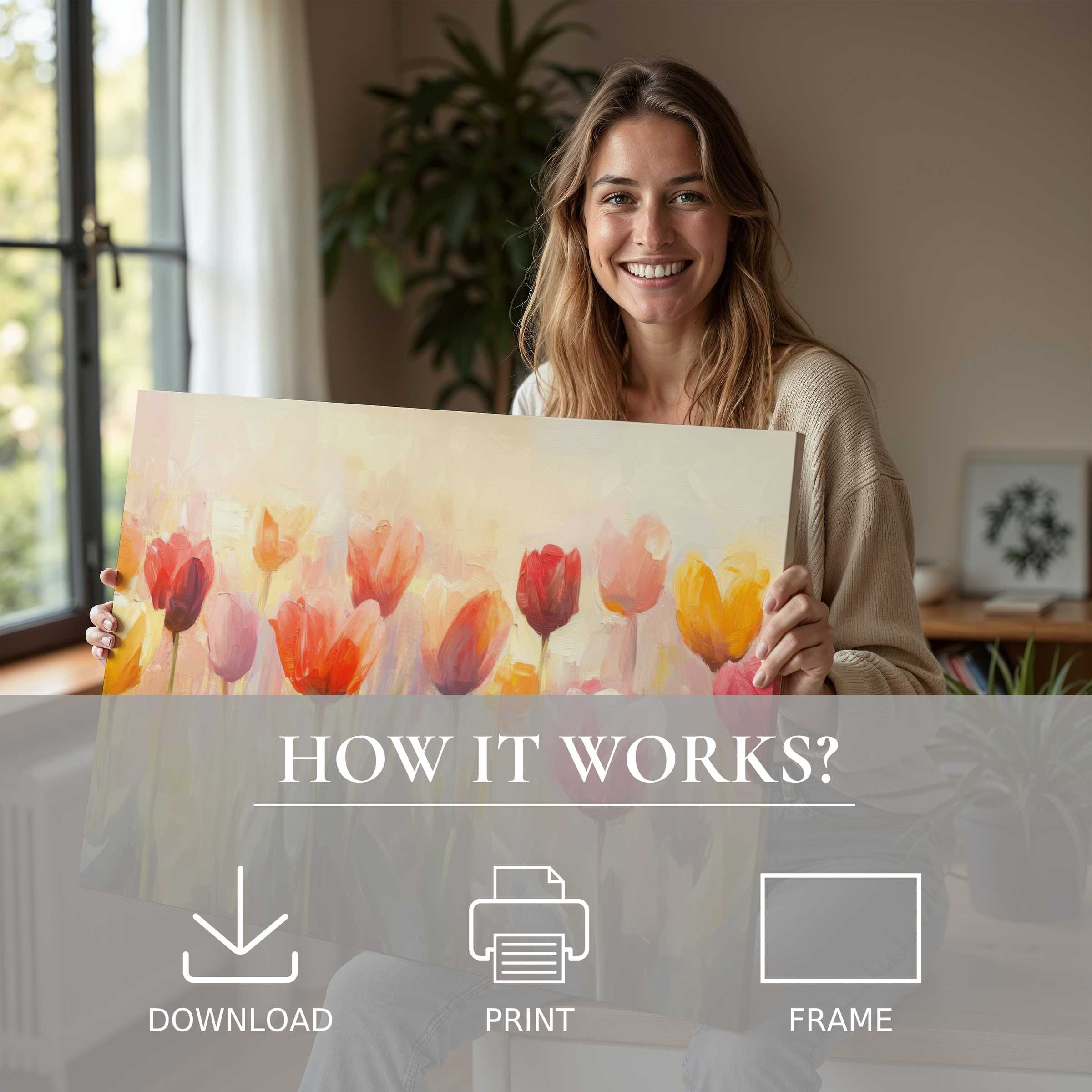 A joyful moment unveiling a botanical digital art print in soft floral tones, transforming a modern home with effortless elegance