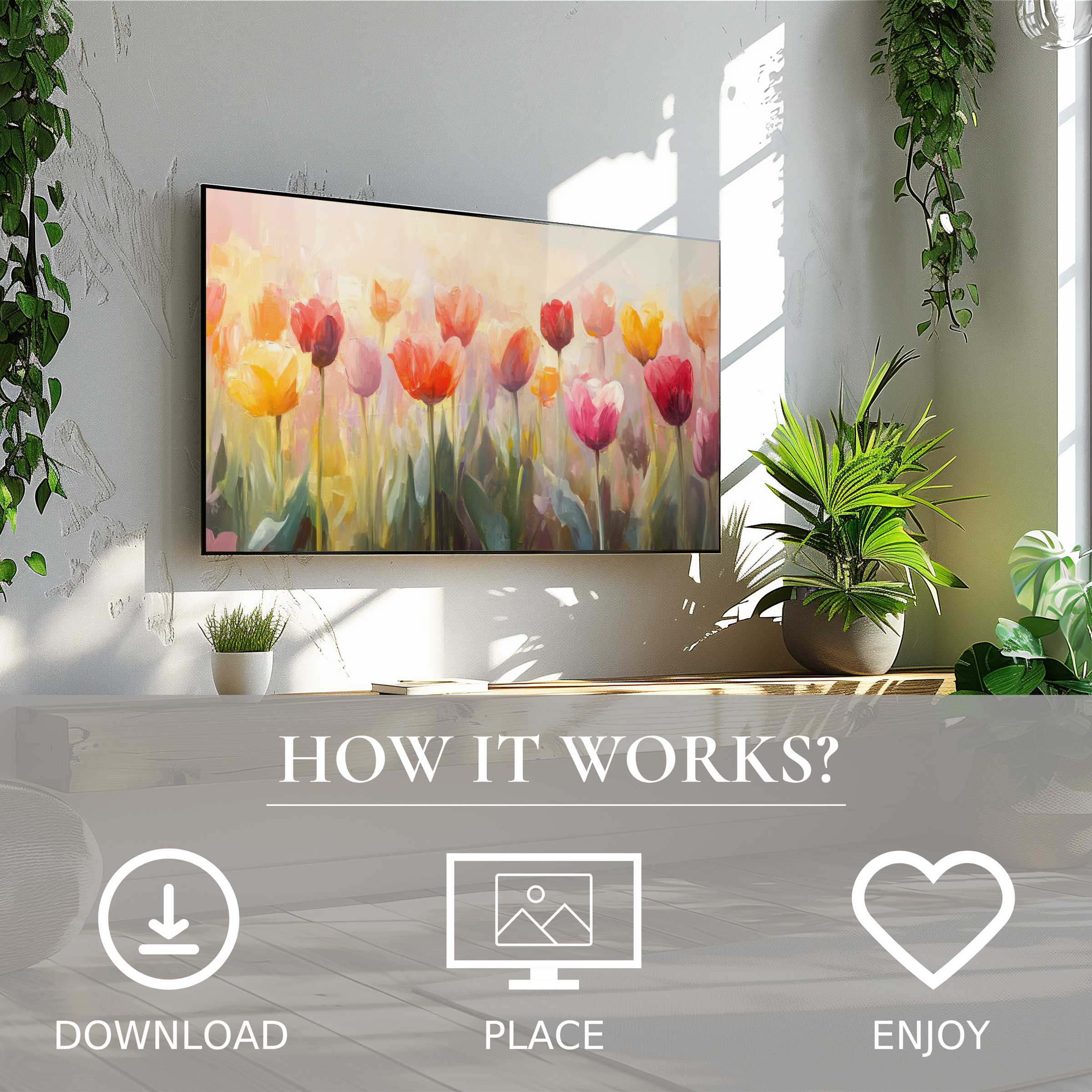 Botanical art for Samsung TV shows soft sunset tones of tulips; easy digital download enriches modern living spaces