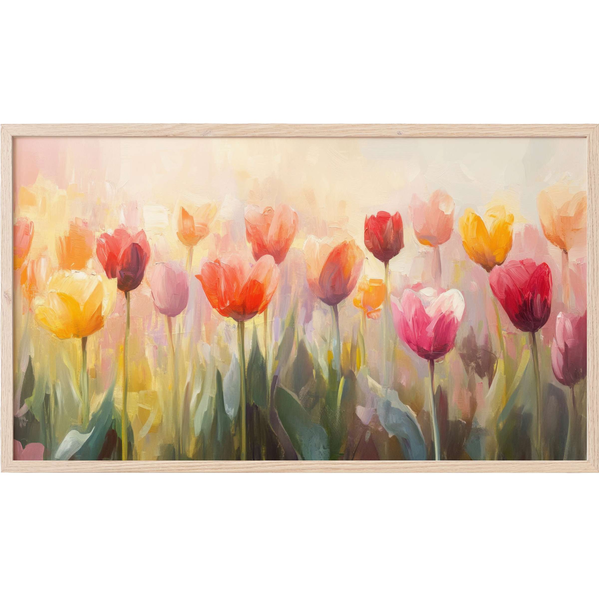 Soft impressionist tulip garden with warm pink, orange, and yellow hues in botanical Frame TV Art