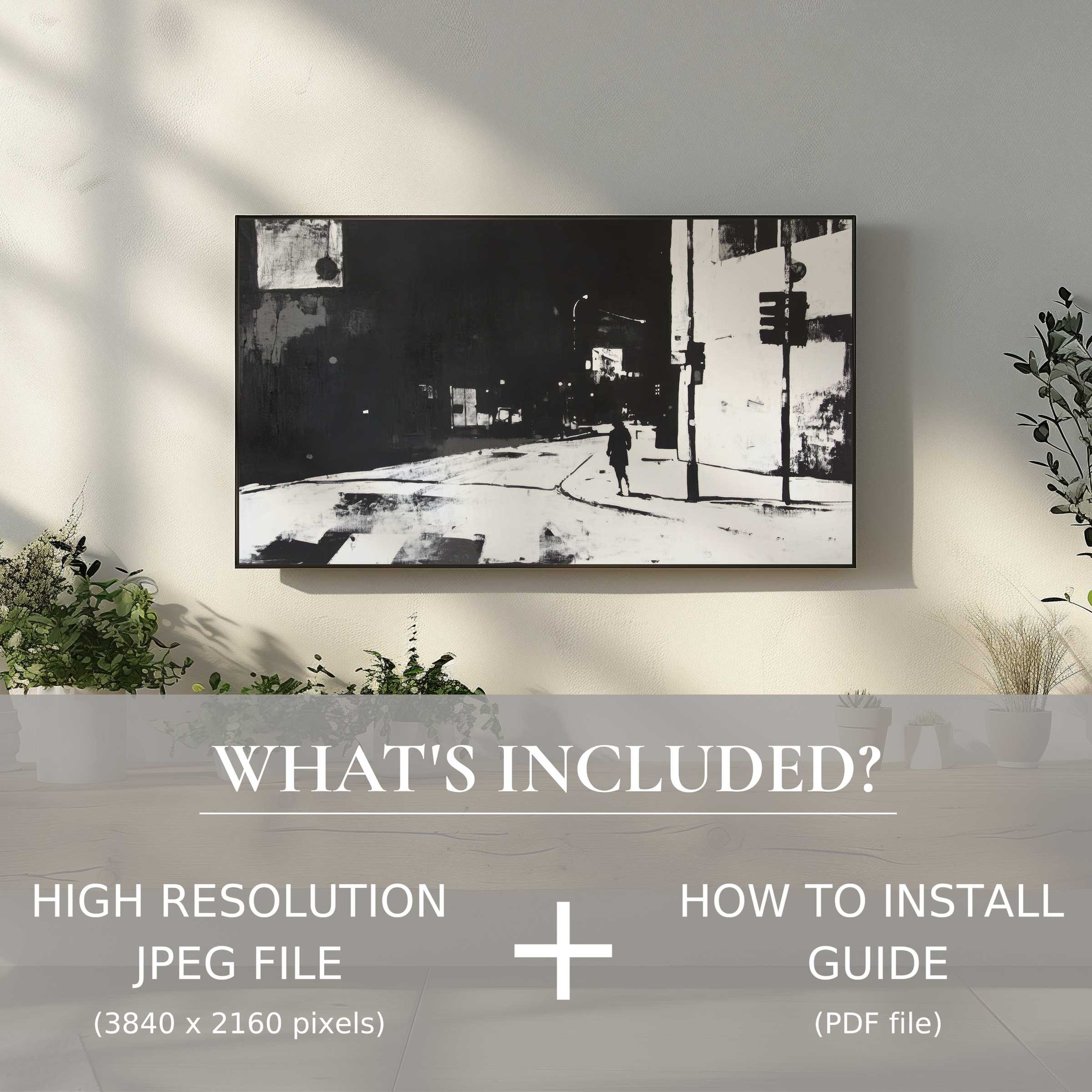 Elegant street art digital TV art download enhances modern living spaces with easy digital use and sleek monochrome design