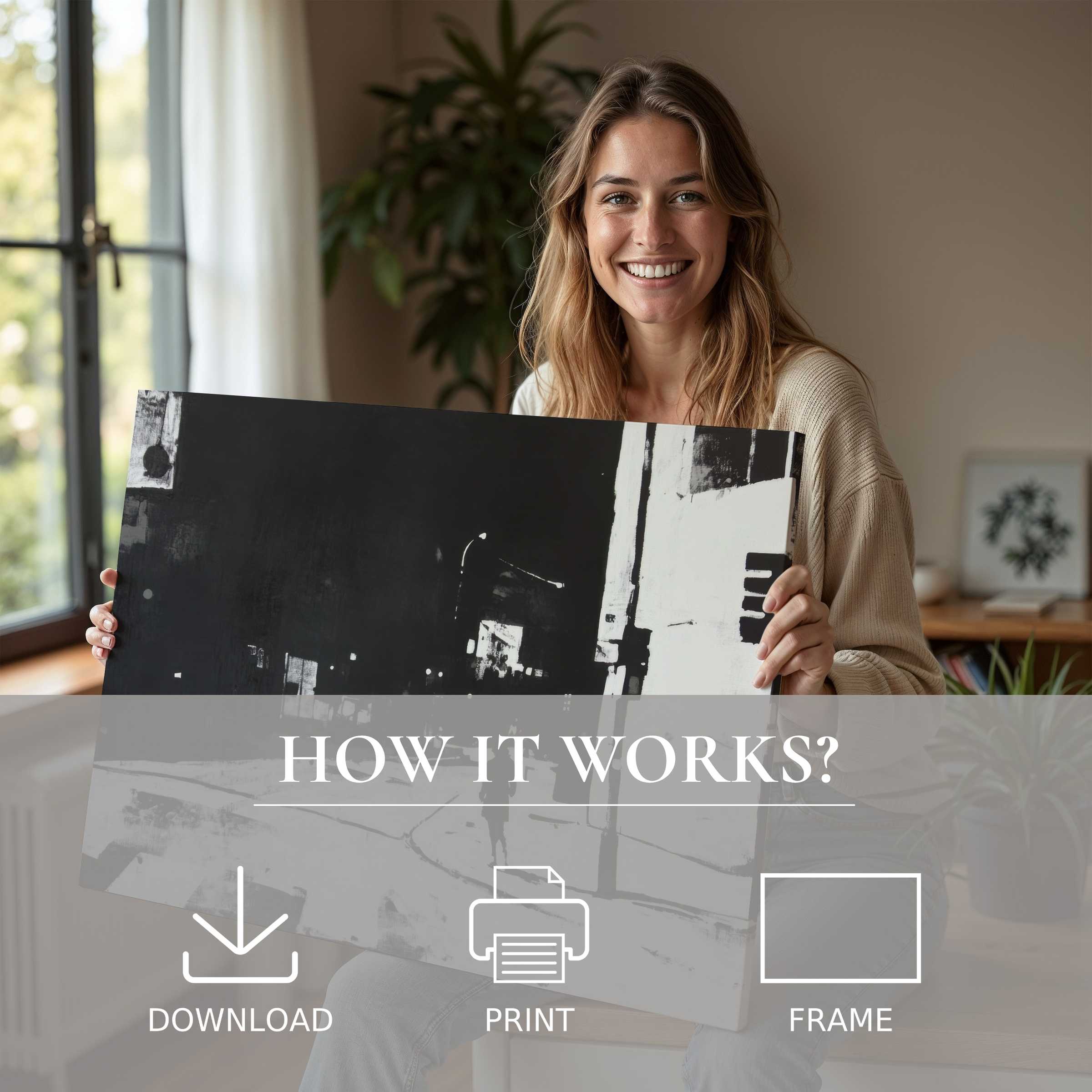 A serene moment of connection and joy with street art digital art print in a stylish modern home, embracing effortless elegance