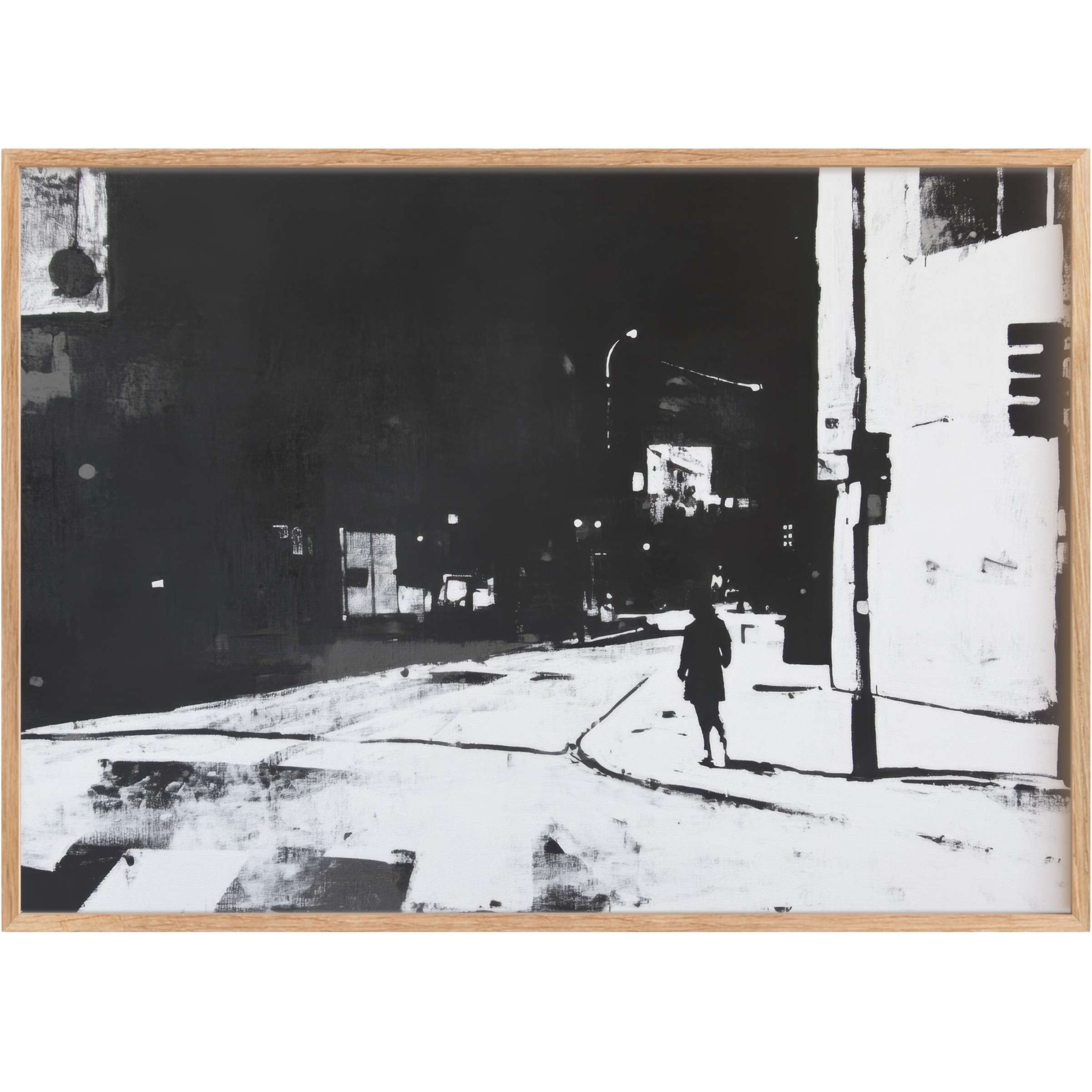 Bold street art printable wall art captures a solitary figure in stark black and white, evoking urban mystery and sleek sophistication