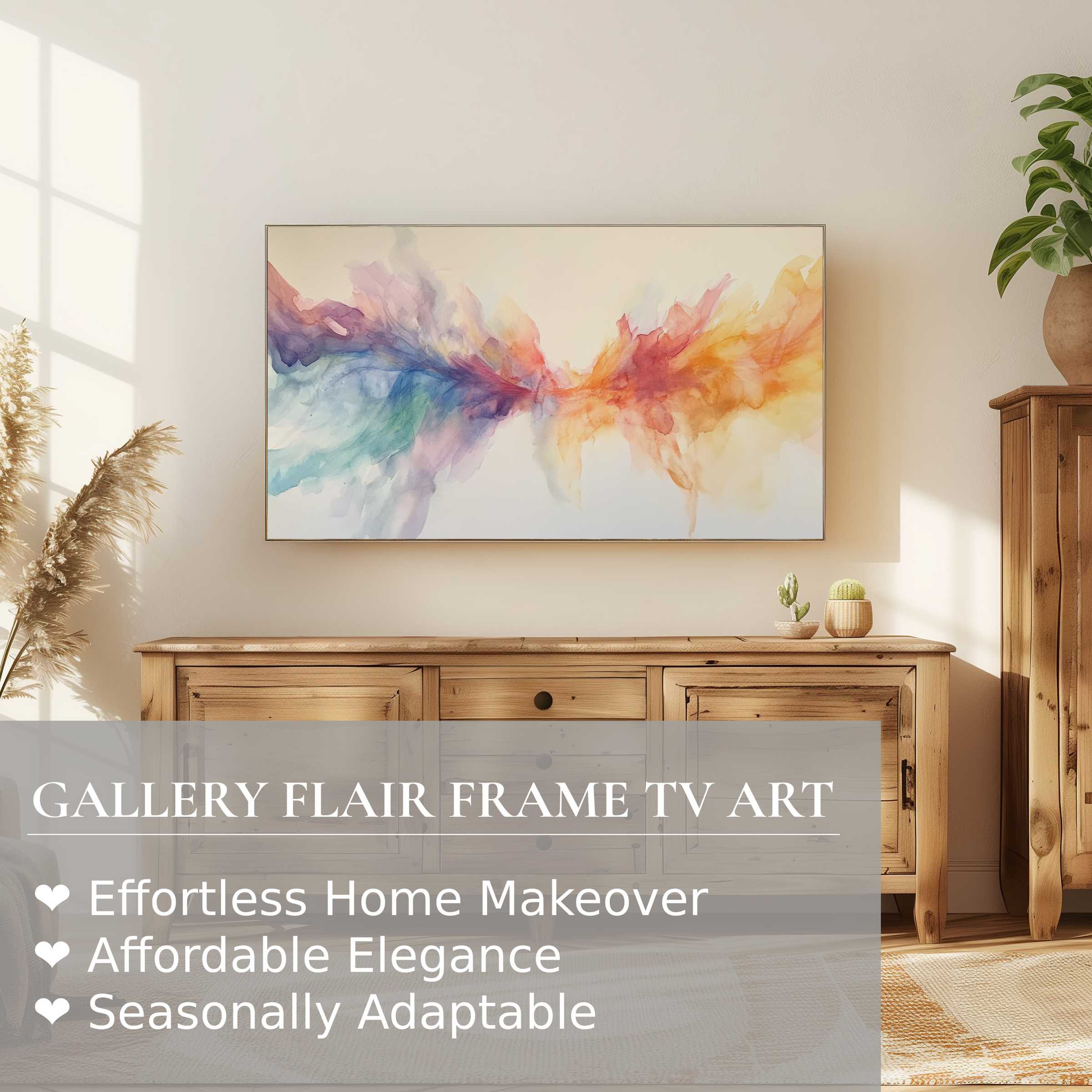 Elegant living space with natural wood, Samsung Frame TV showcasing vibrant modern digital artwork in soft, flowing hues