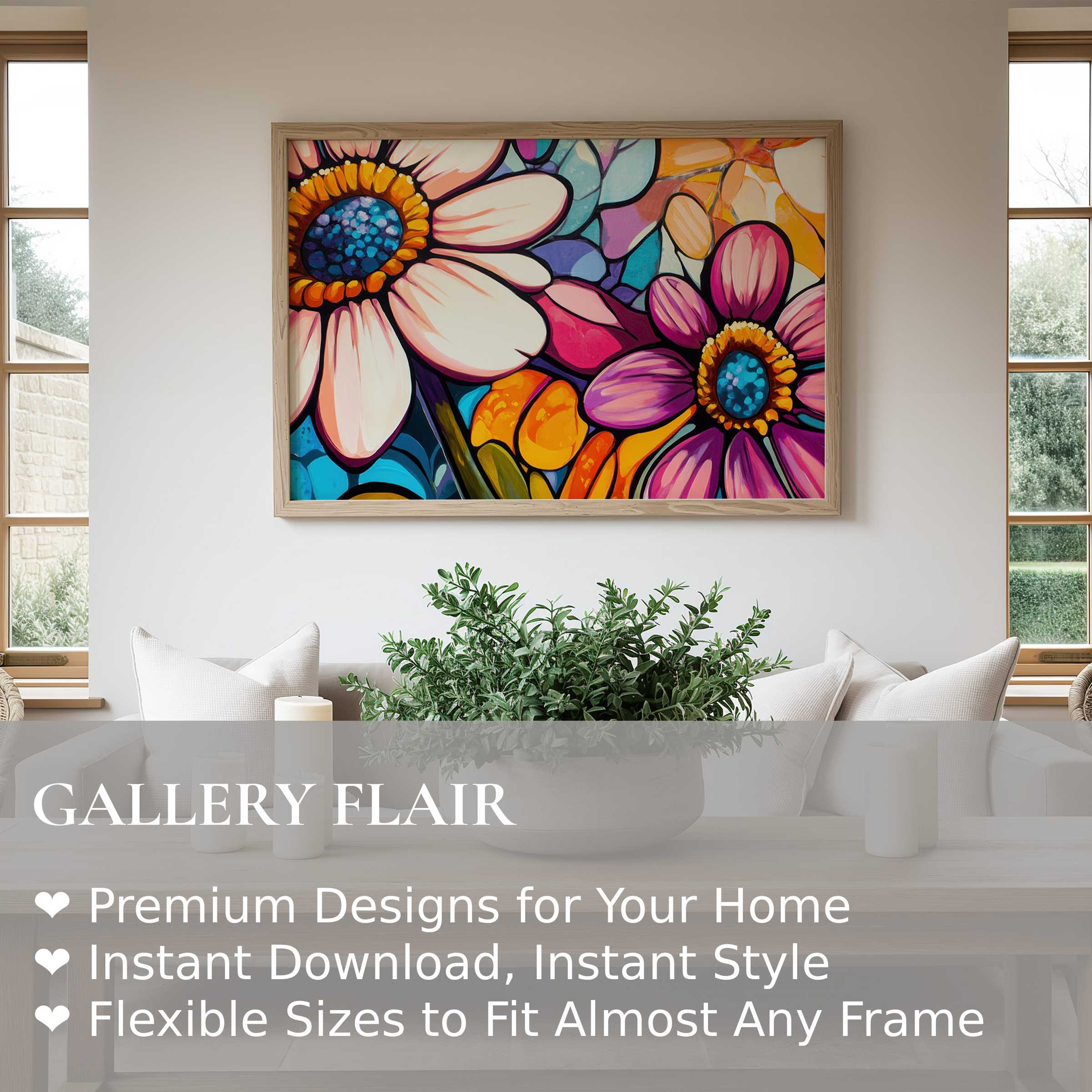 Vibrant pop art wall art print with bold floral motifs enlivens a minimalist, modern living room with radiant, dynamic color and energy