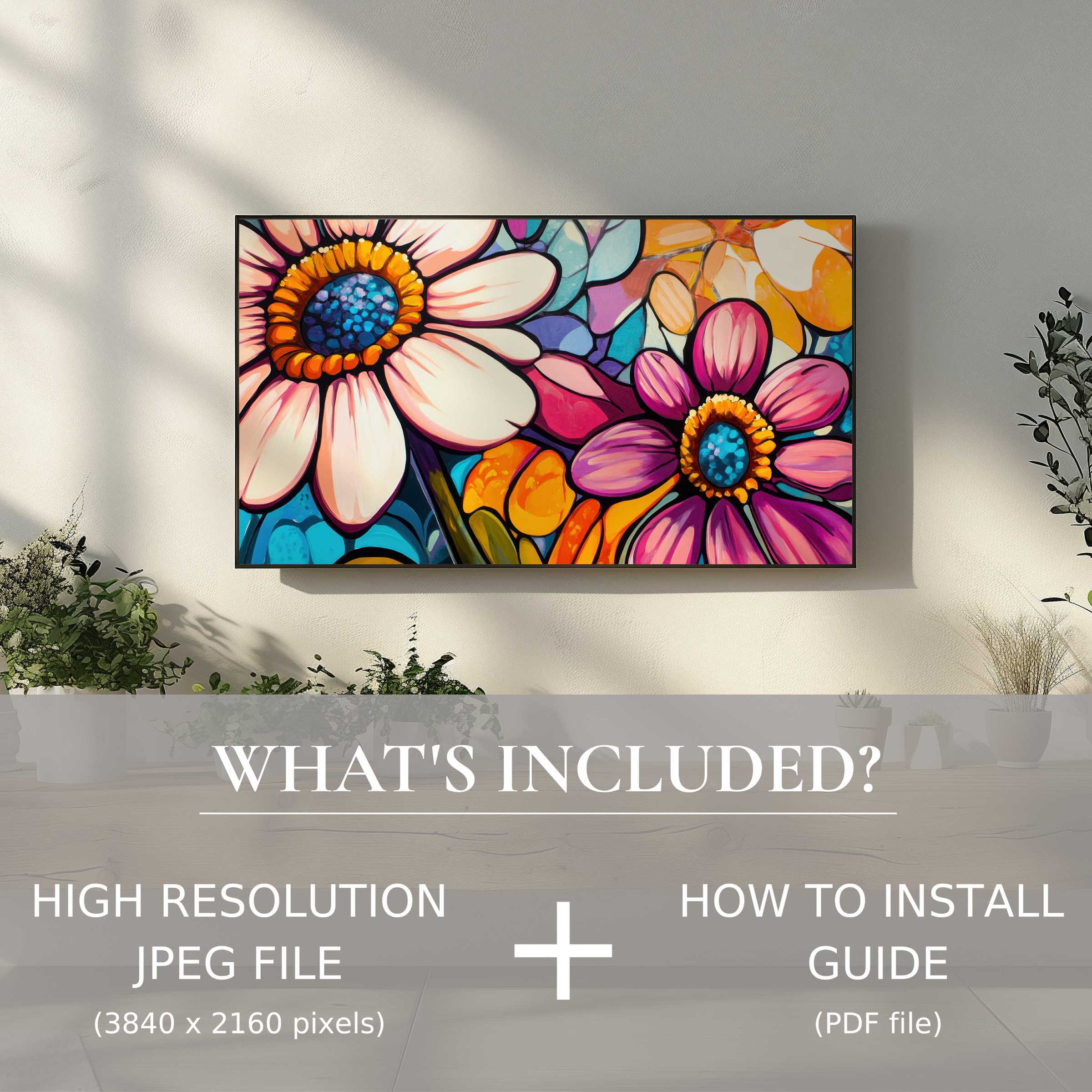 Pop art digital TV art download enhances stylish living spaces with vibrant floral design and easy digital use