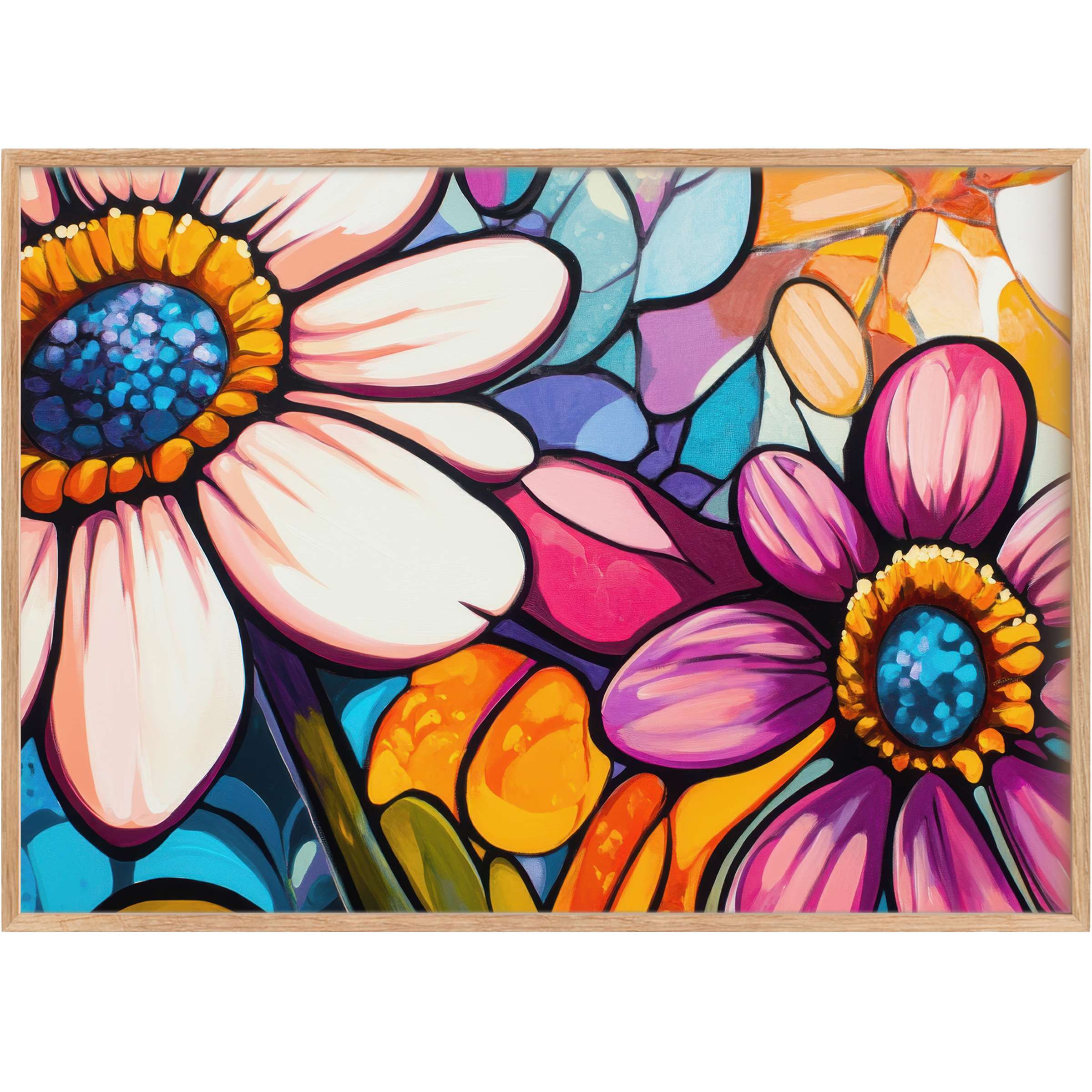 Vibrant pop art printable wall art featuring bold daisies in rich blues, pinks, and oranges, infusing rooms with radiant energy
