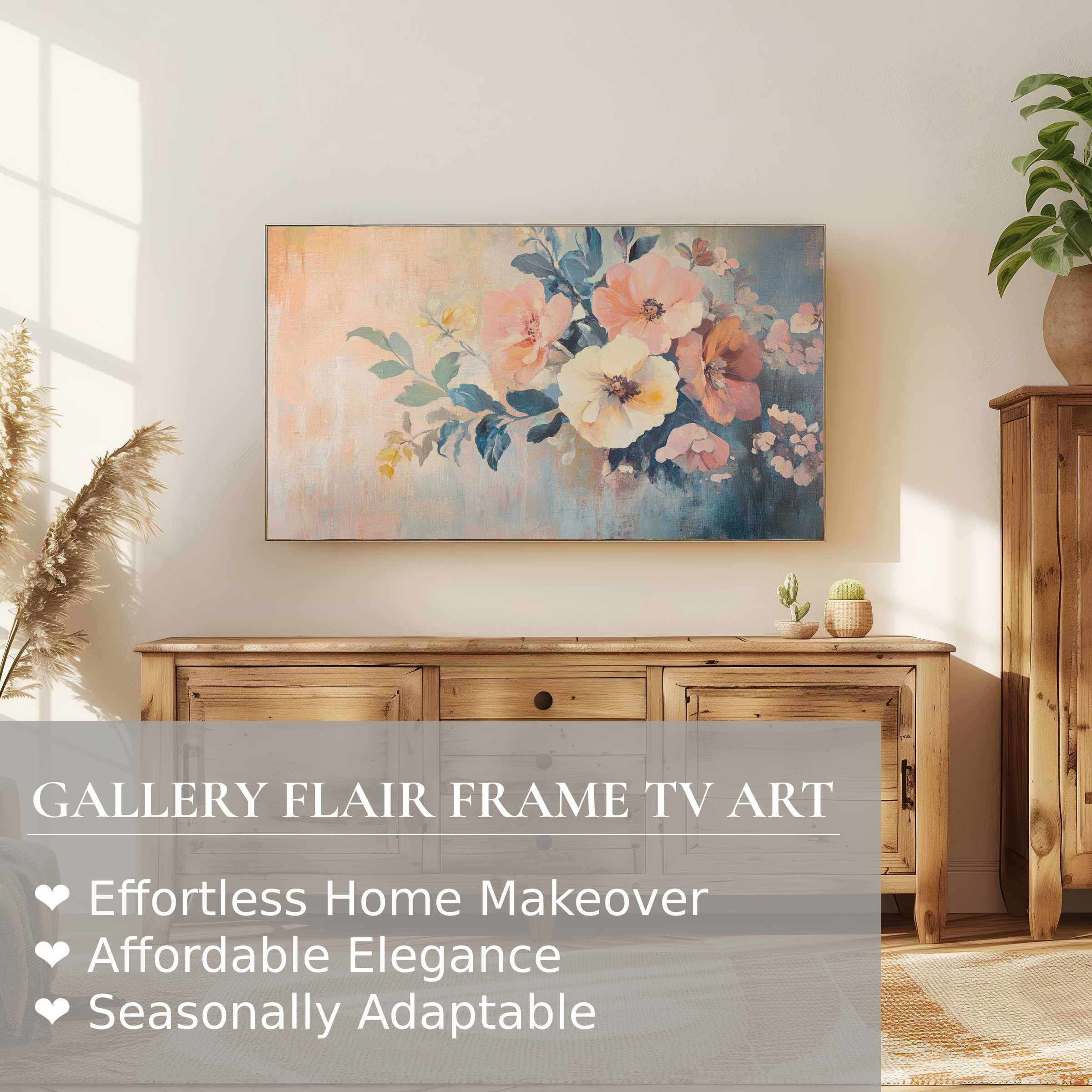 Samsung Frame TV displaying elegant floral digital artwork in a serene, sunlit modern home setting