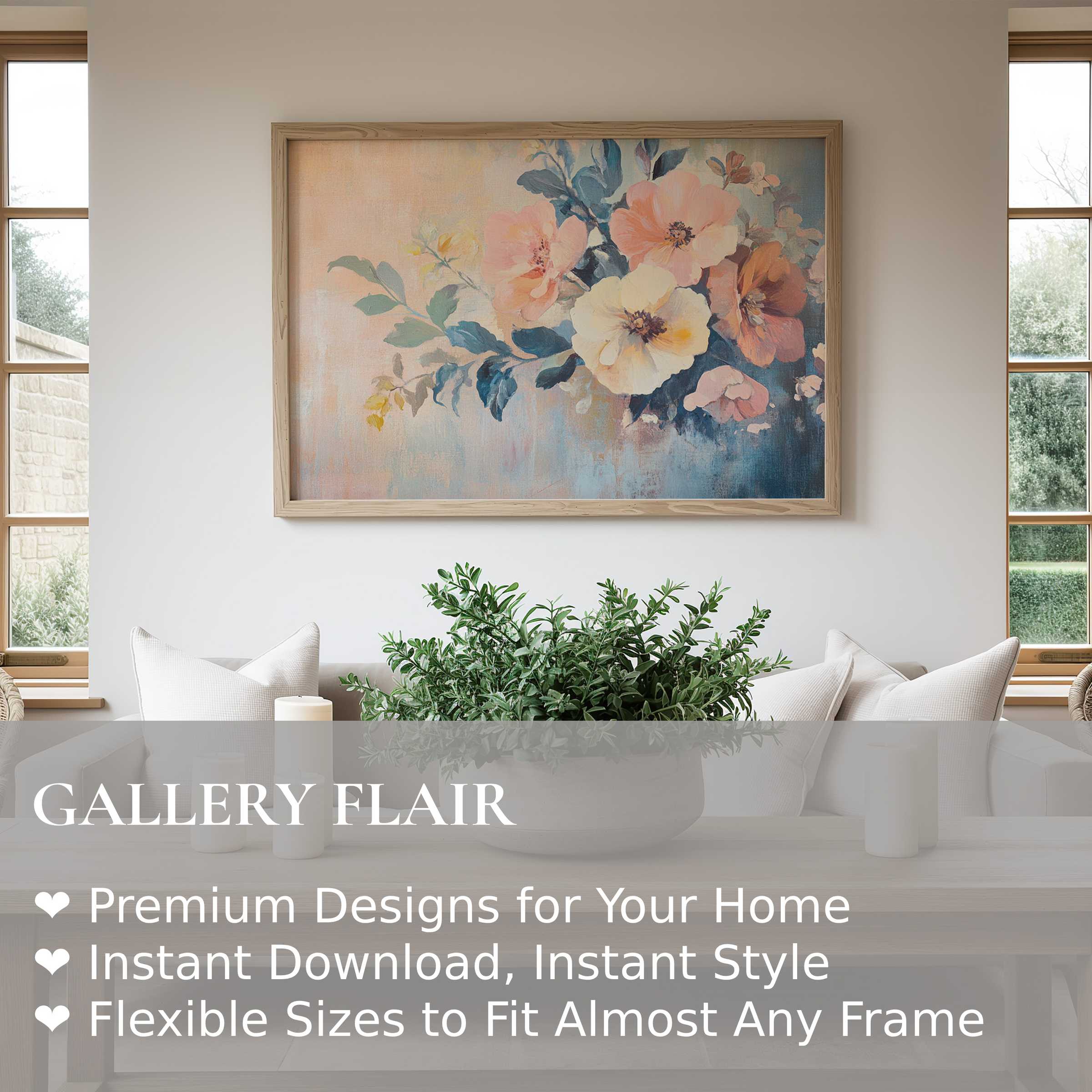 Soft floral wall art print with pastel blooms and lush greenery, enhancing serene, modern farmhouse interiors with gentle elegance