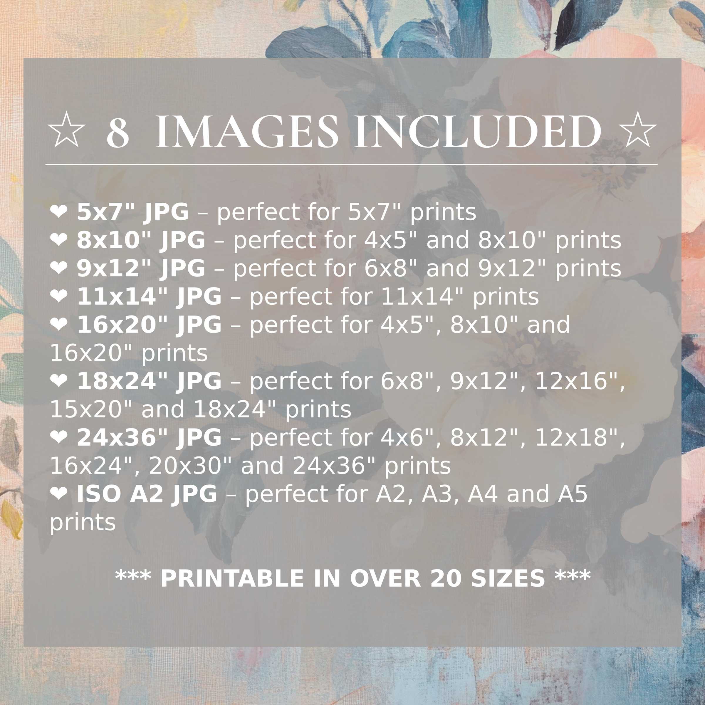 Radiant floral digital print in soft blues and peaches, elevating modern interiors with style; includes 8 high-quality sizes