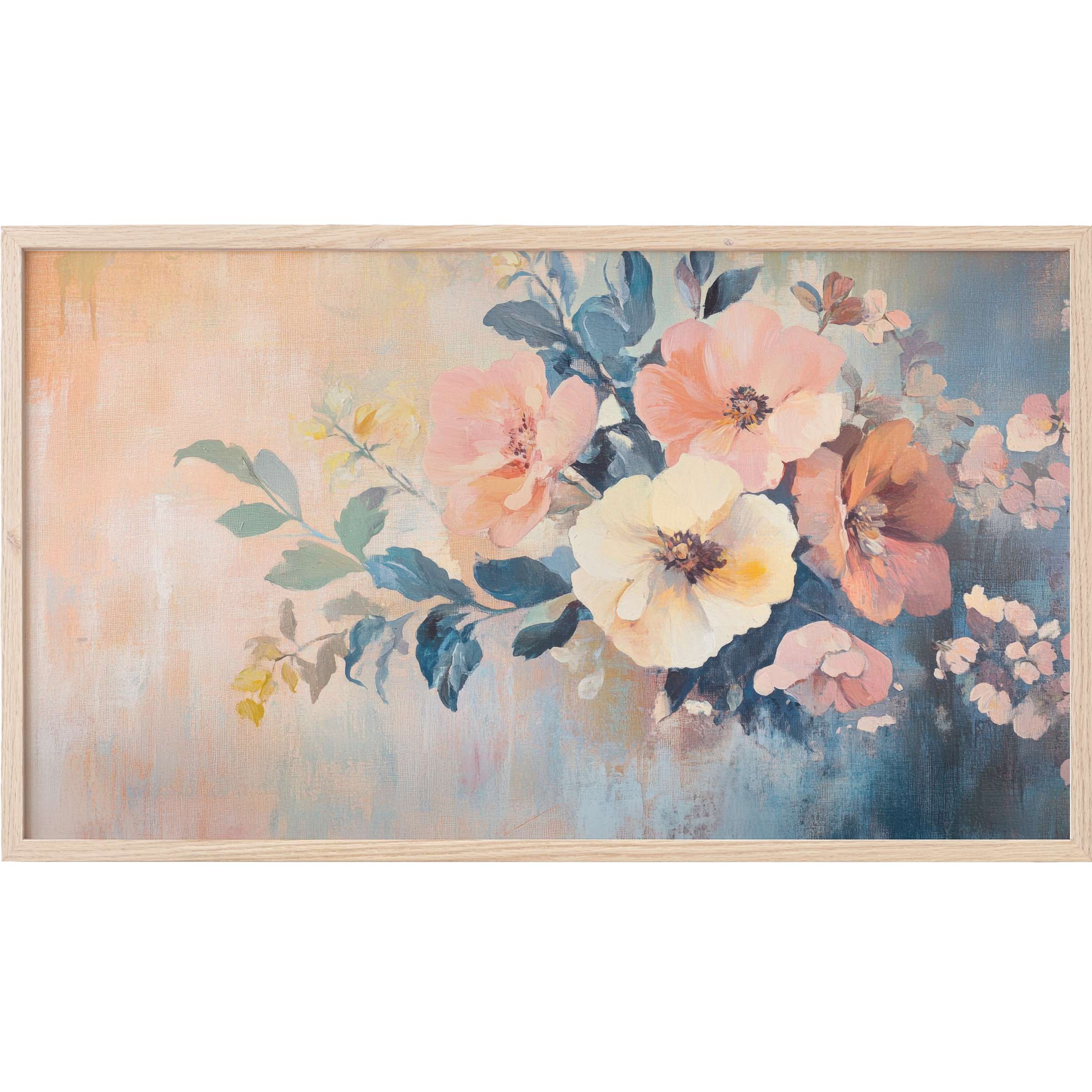Floral Frame TV Art with soft peach, cream, and blue blooms in an elegant, modern painterly style
