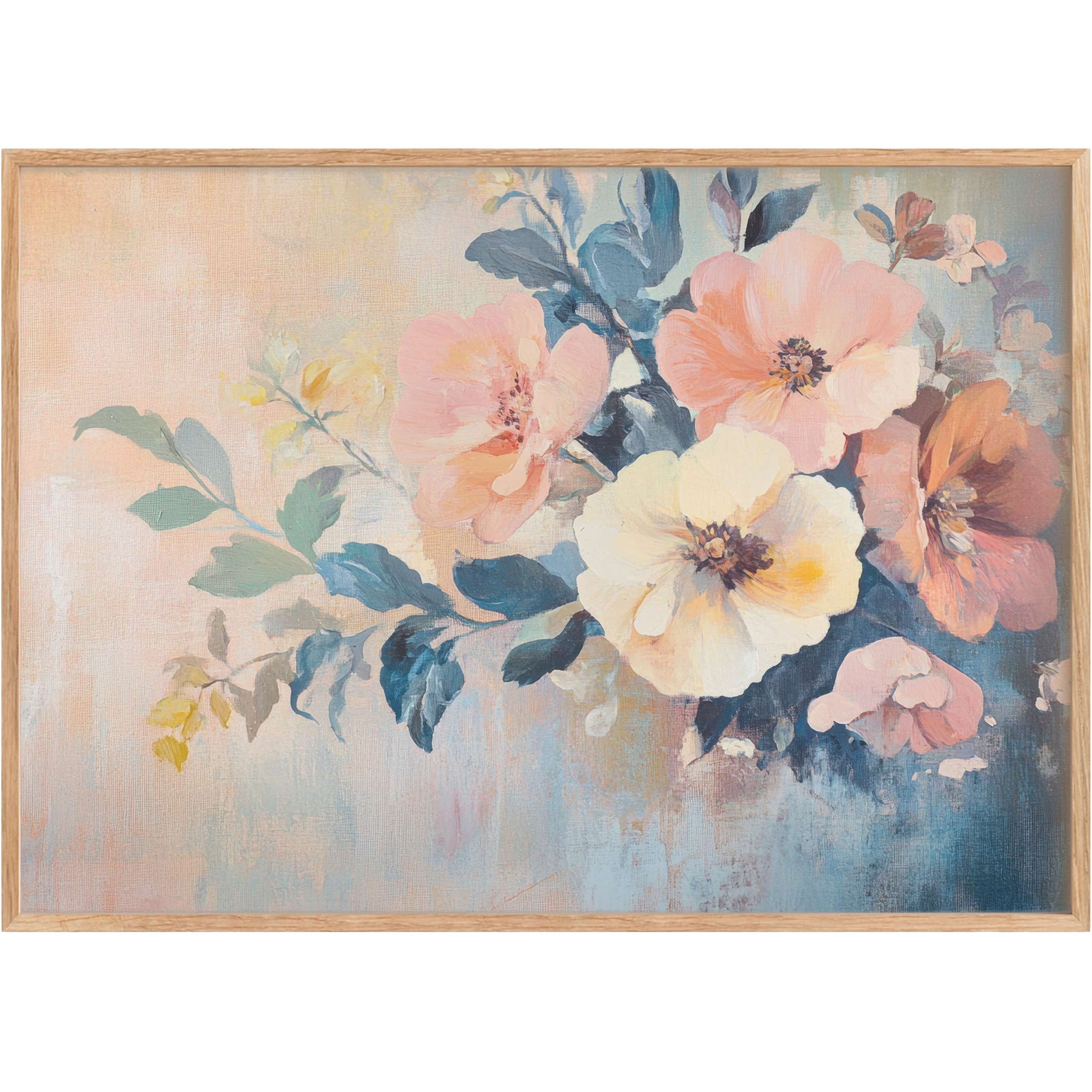 Elegant floral printable wall art featuring soft peach, cream, and muted blue tones, creating a serene and graceful ambiance