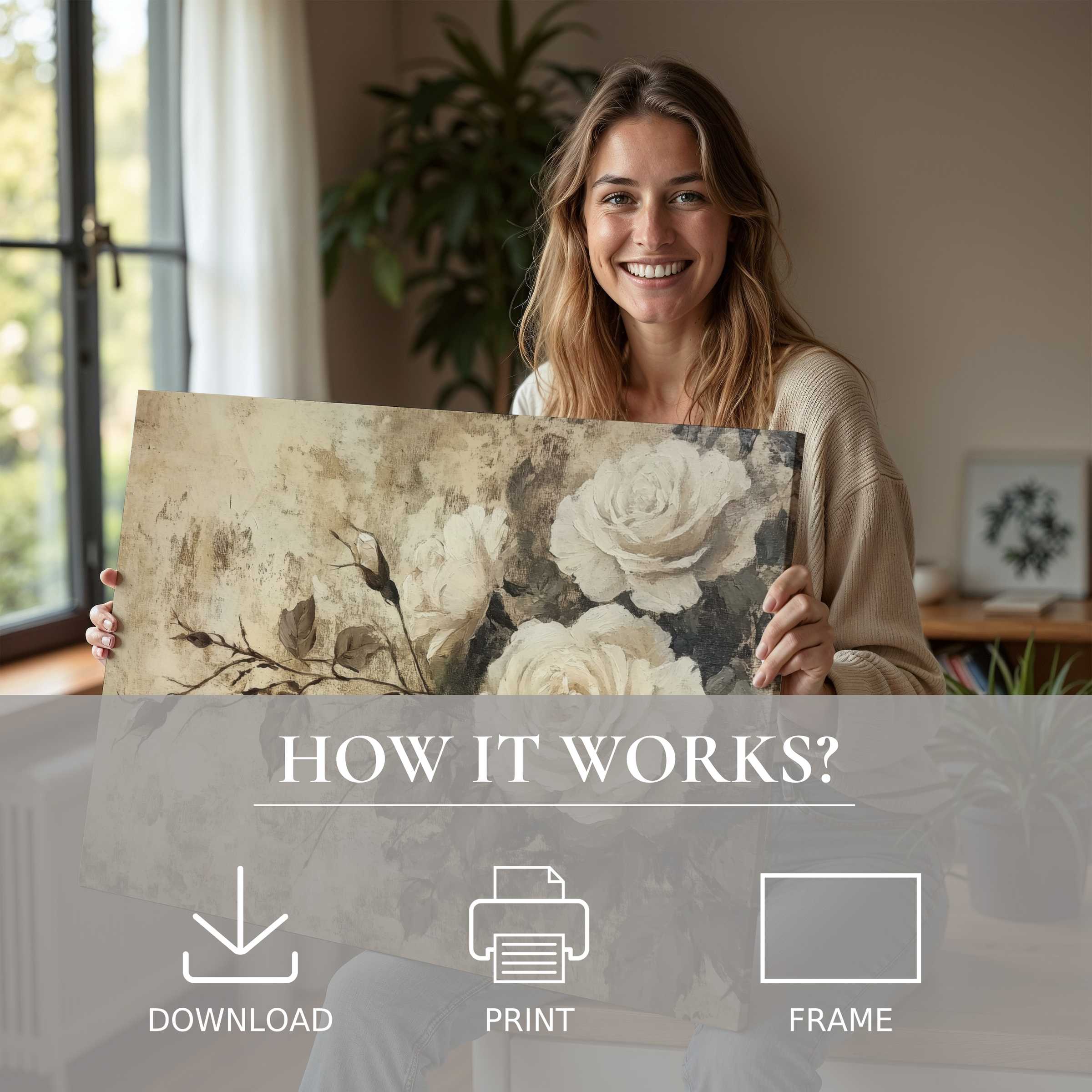 Effortless joy illuminating a modern home as spring digital art print’s soft floral hues inspire timeless warmth and connection