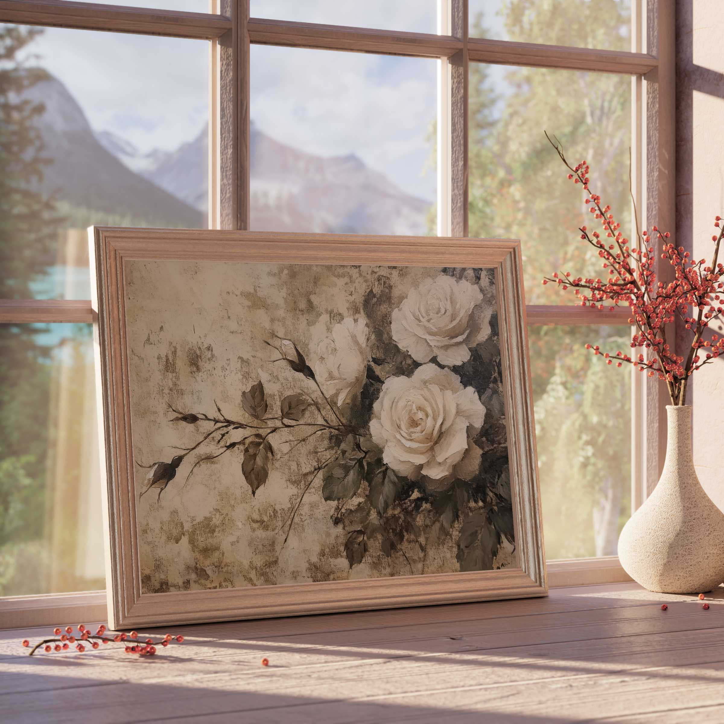 Elegant spring downloadable art featuring soft white roses in a muted palette, enhancing serene, curated interiors with refined charm