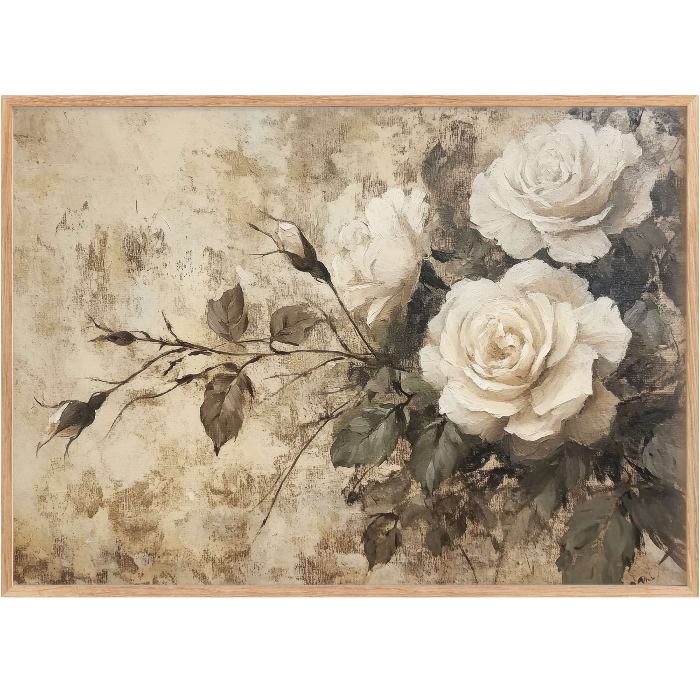 Elegant spring printable wall art featuring soft white roses and muted earth tones, evoking a serene, timeless ambiance