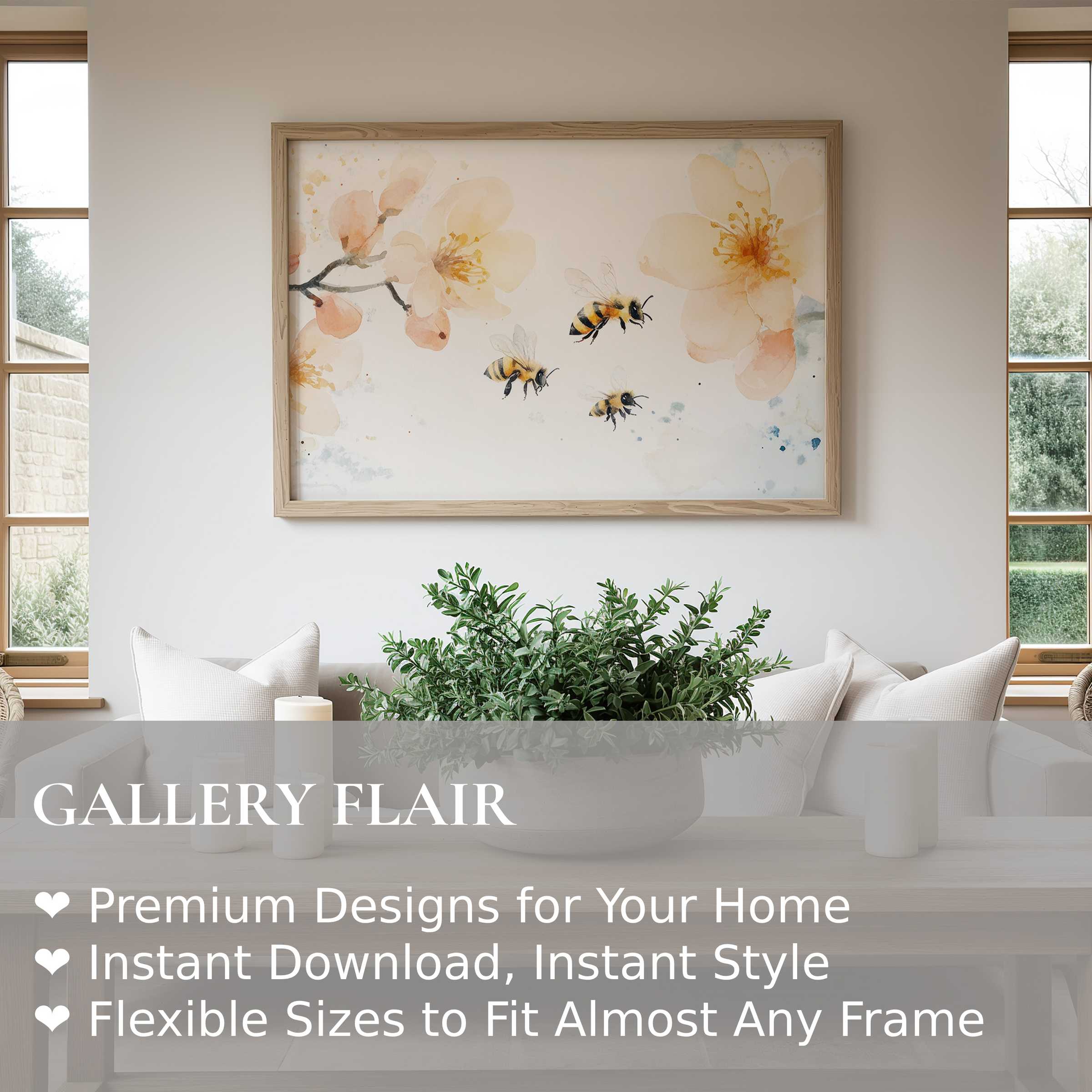 Soft, calming nursery wall art print featuring delicate blossoms and bees, enhancing a modern, serene nursery with gentle warmth and nature-inspired charm