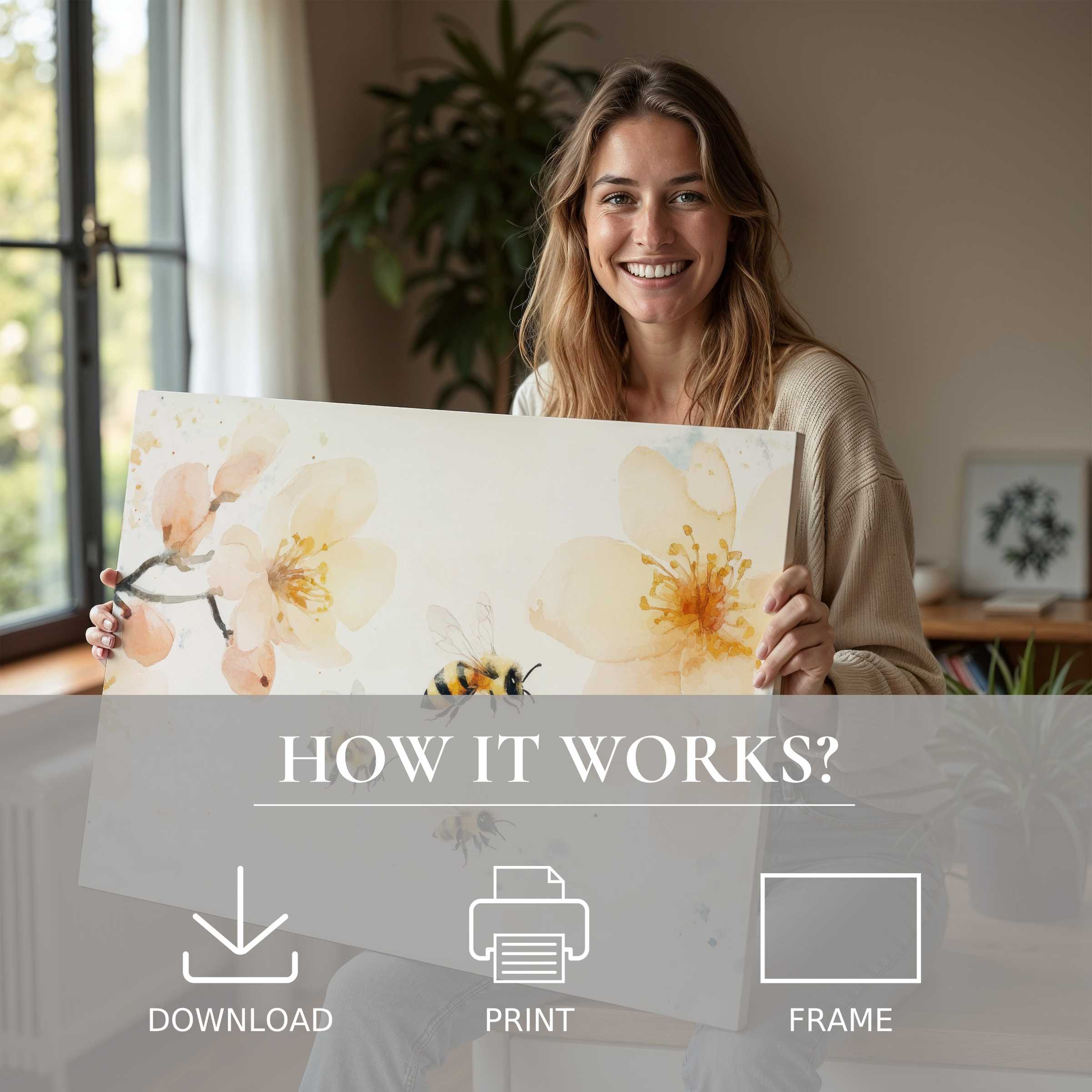 A radiant woman in a serene modern home beams with joy, holding a delicate nursery digital art print that softly illuminates space with gentle floral warmth