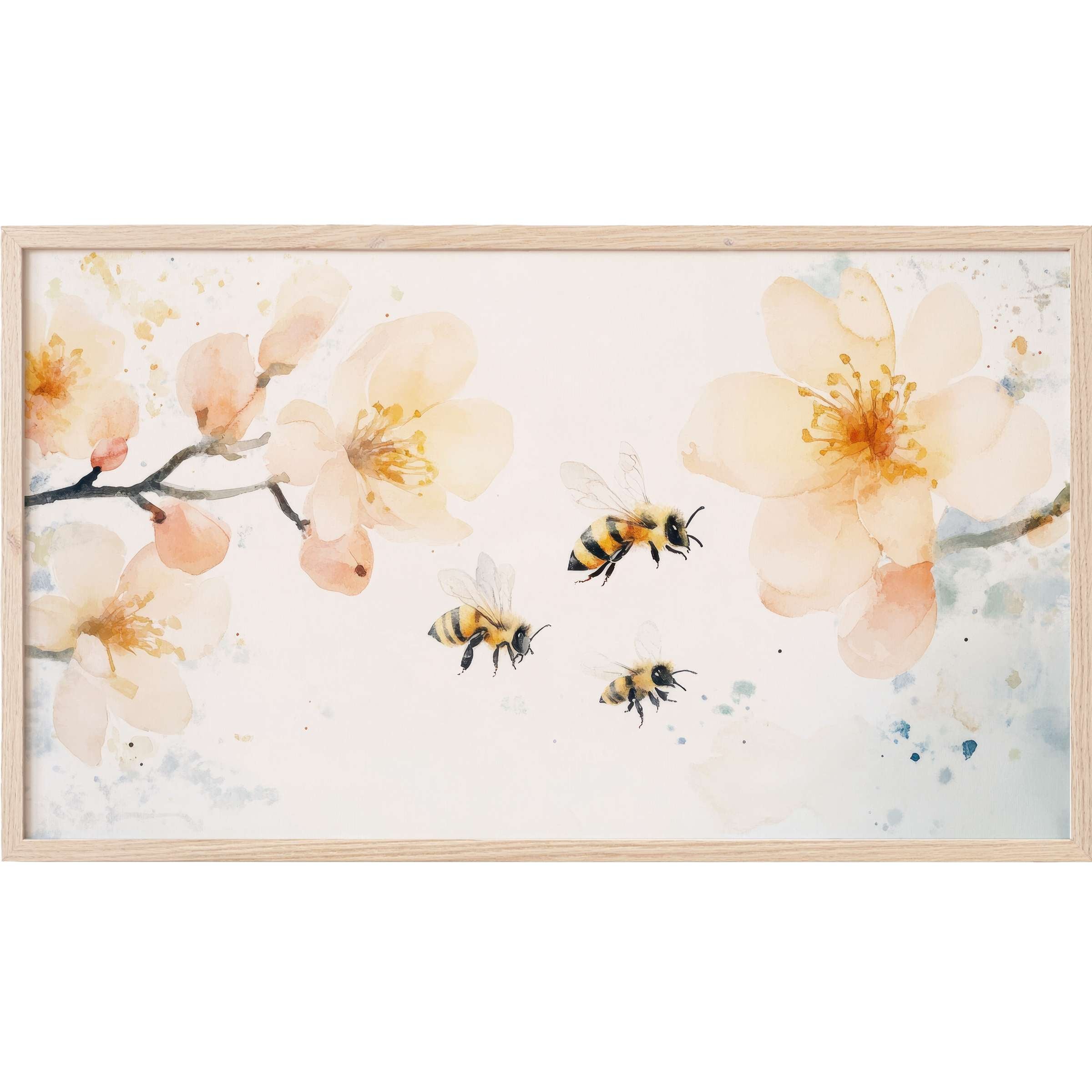 Delicate watercolor bees and soft peach blossoms in a minimal, airy nursery Frame TV Art piece