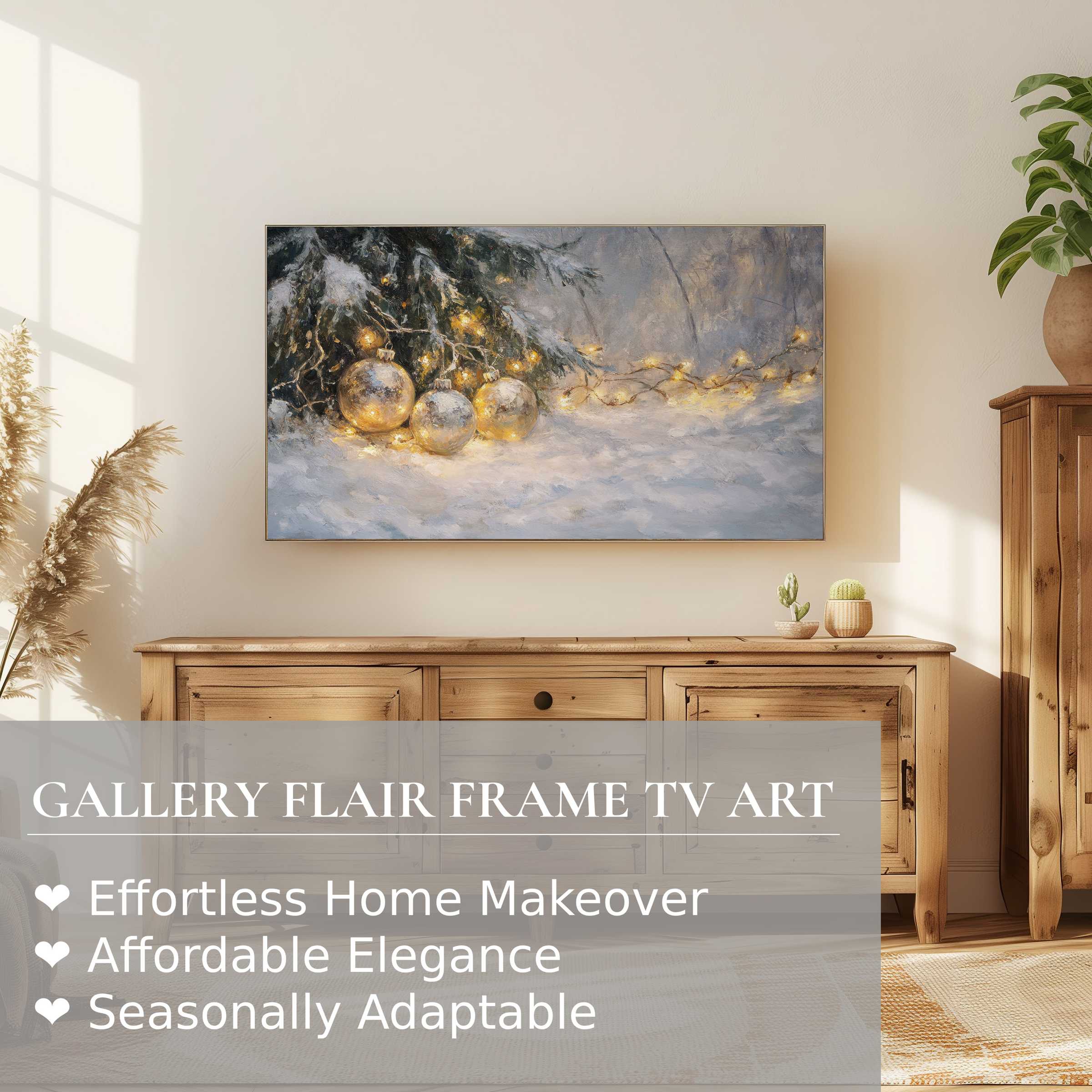 Samsung Frame TV displays serene christmas digital artwork with soft lighting in a modern, cozy natural wood setting