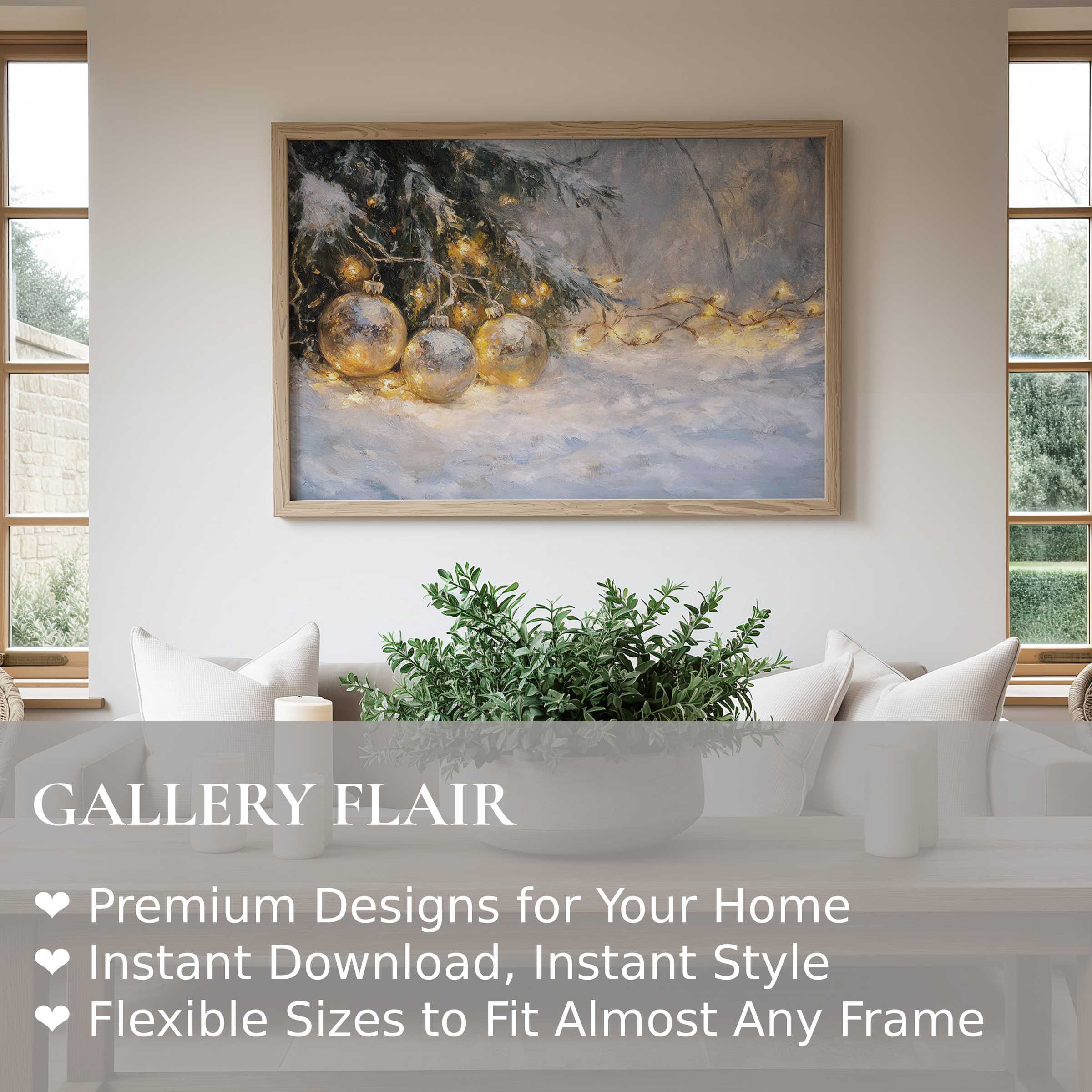 Christmas wall art print featuring radiant golden ornaments and soft snow under warm fairy lights, elevating modern minimalist decor with festive elegance