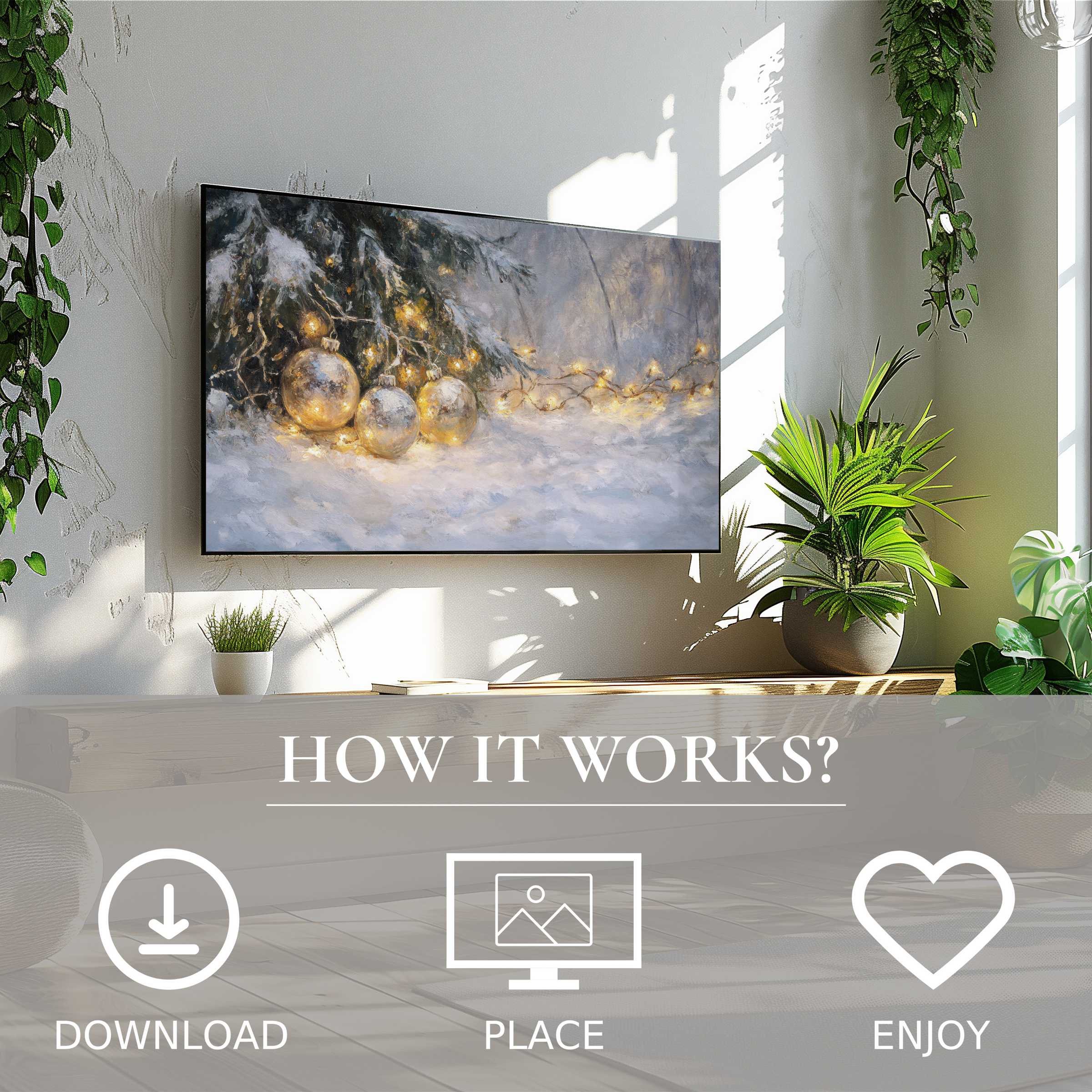 Bright living room with green plants, easy digital download of christmas art for Samsung TV showing soft glowing ornaments