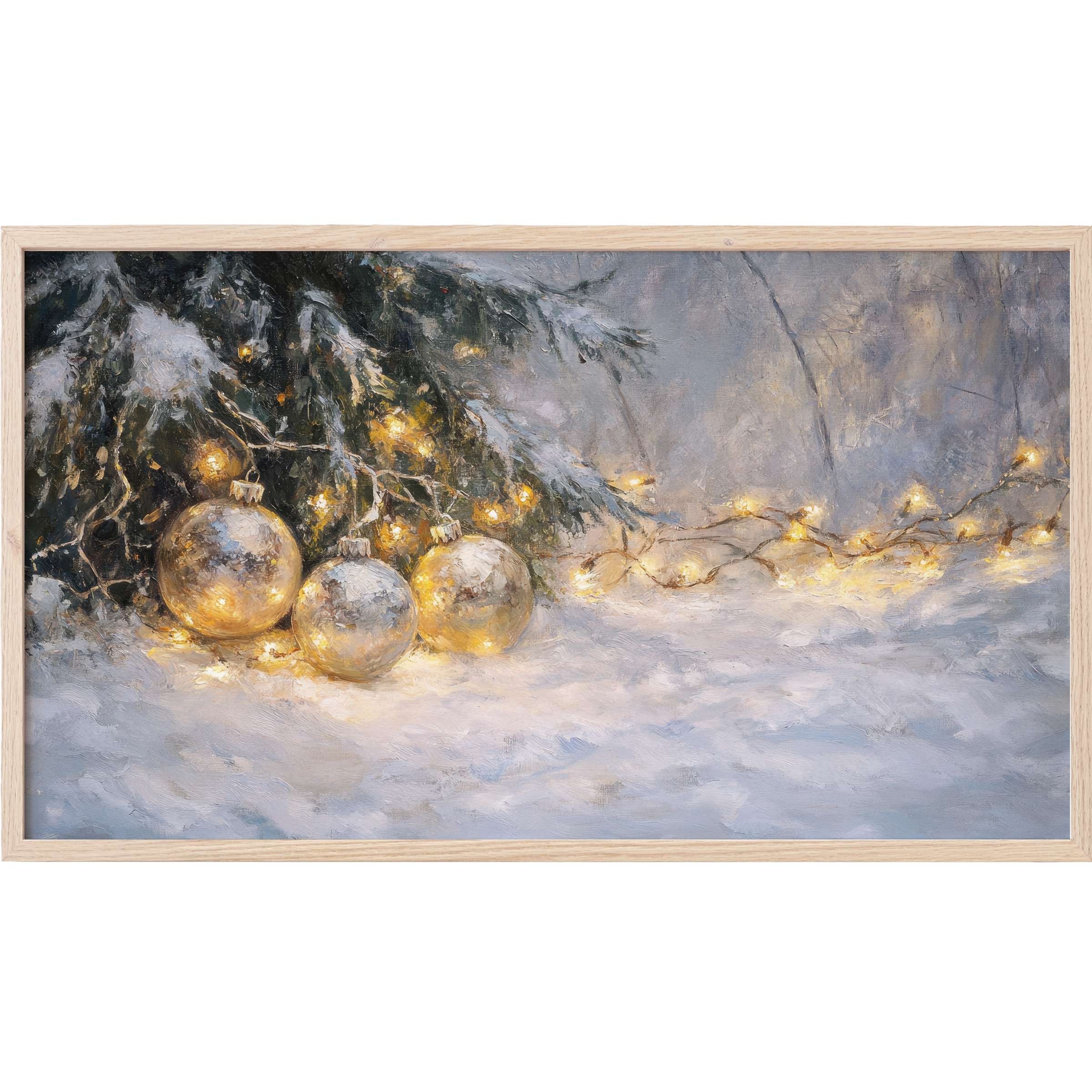 Elegant christmas Frame TV Art with soft gold ornaments, warm fairy lights, and textured snowy pine branches in muted tones