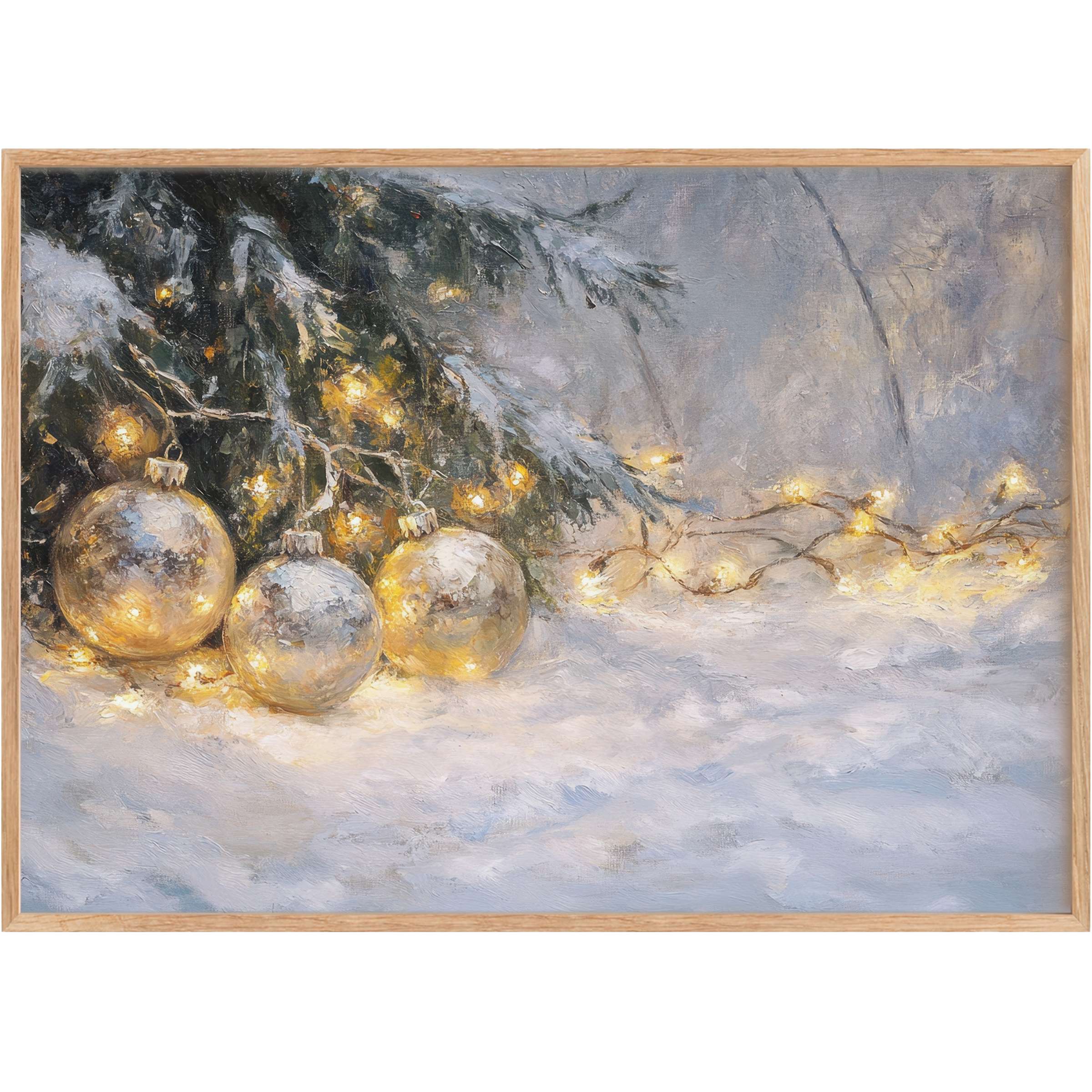 Christmas printable wall art featuring glowing gold ornaments and warm fairy lights, creating a radiant, cozy winter ambiance