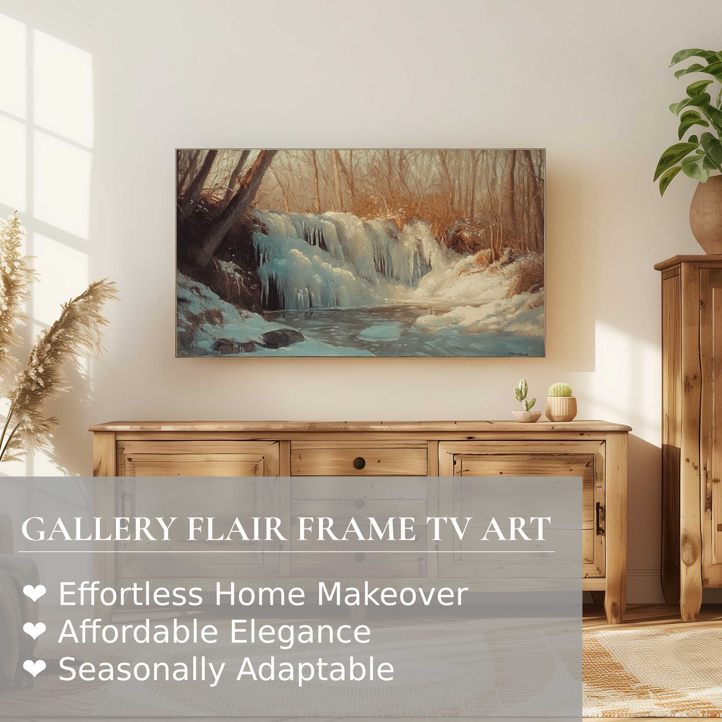 Samsung Frame TV showcasing a serene winter digital artwork in a warm, rustic living space