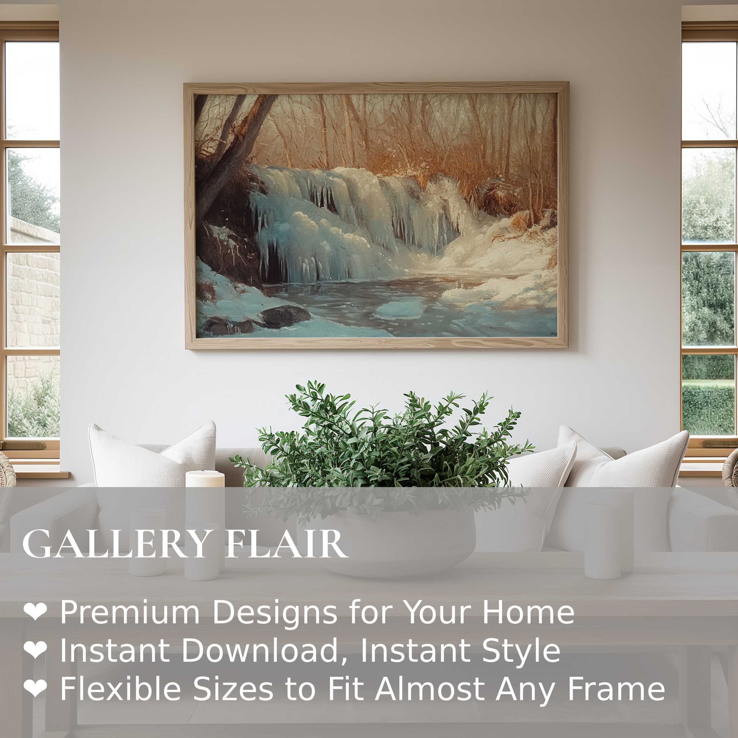 Winter wall art print capturing a serene frozen waterfall in soft blues and warm earth tones, enhancing modern minimalist interiors with calming natural elegance