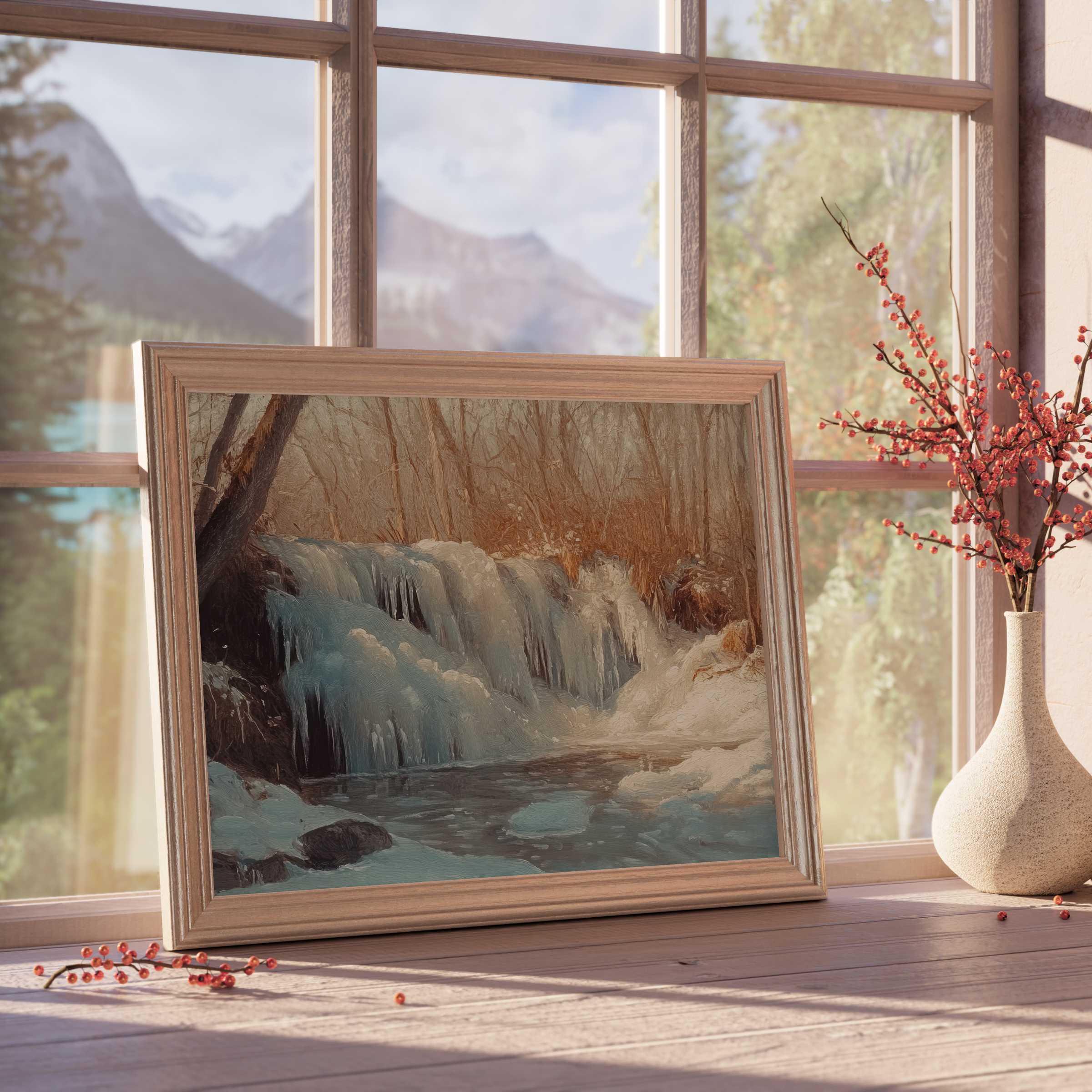 Winter downloadable art capturing a serene frozen waterfall, perfect for elevating tranquil, curated interiors with timeless elegance